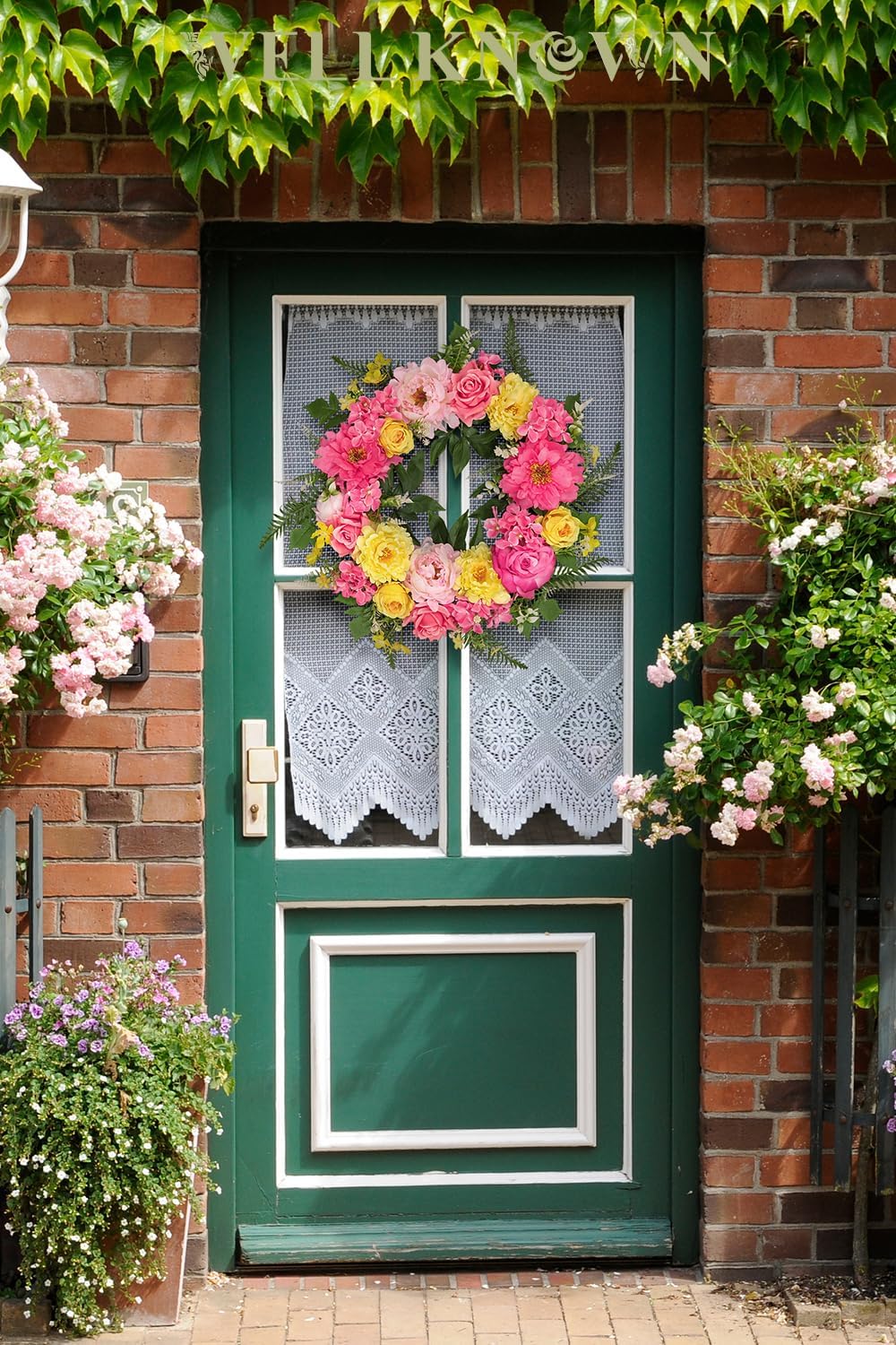 Bright Spring Wreath for Front Door with Peonies and Roses