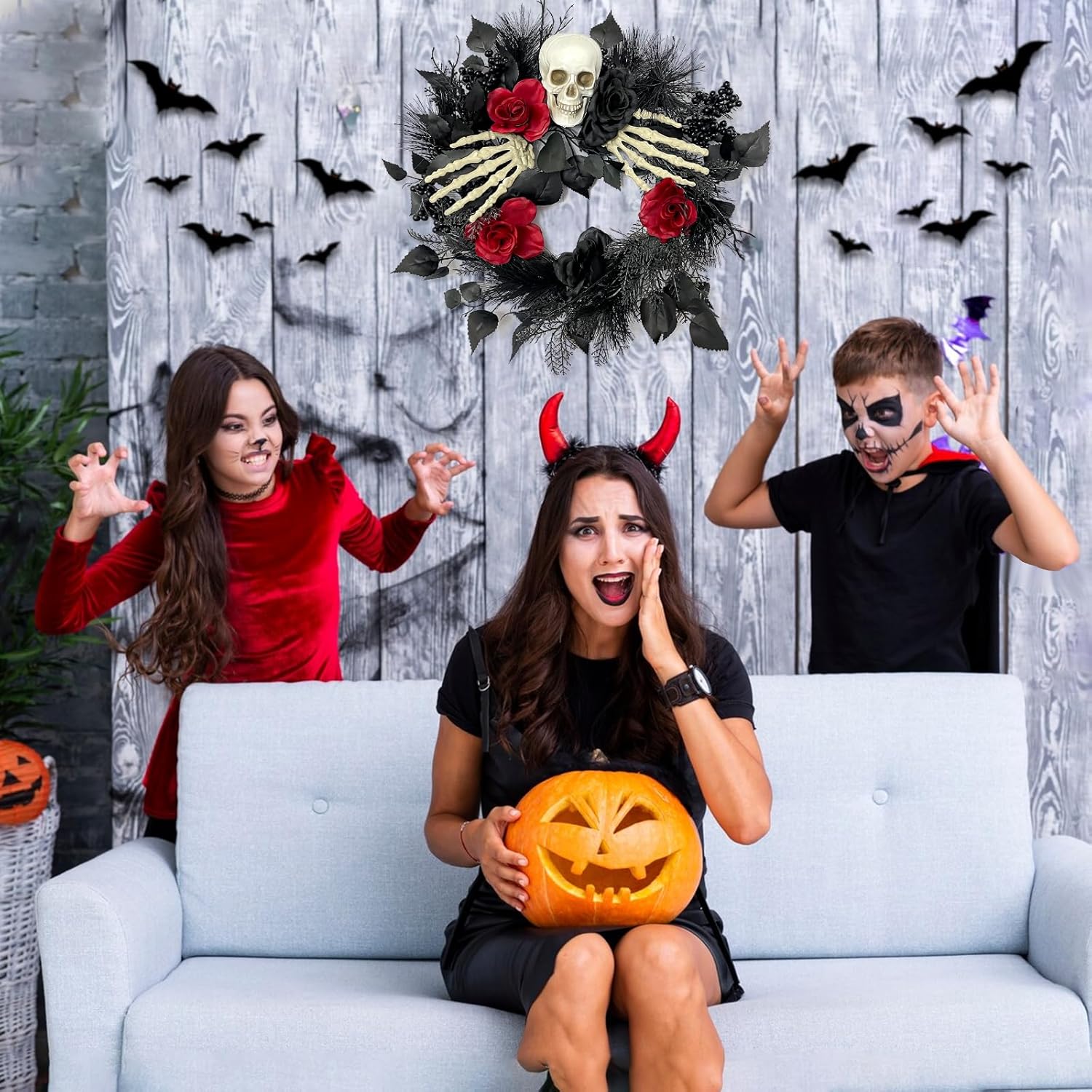 Halloween Skull Wreath with Hands 16 Inch Gothic Garland Decor