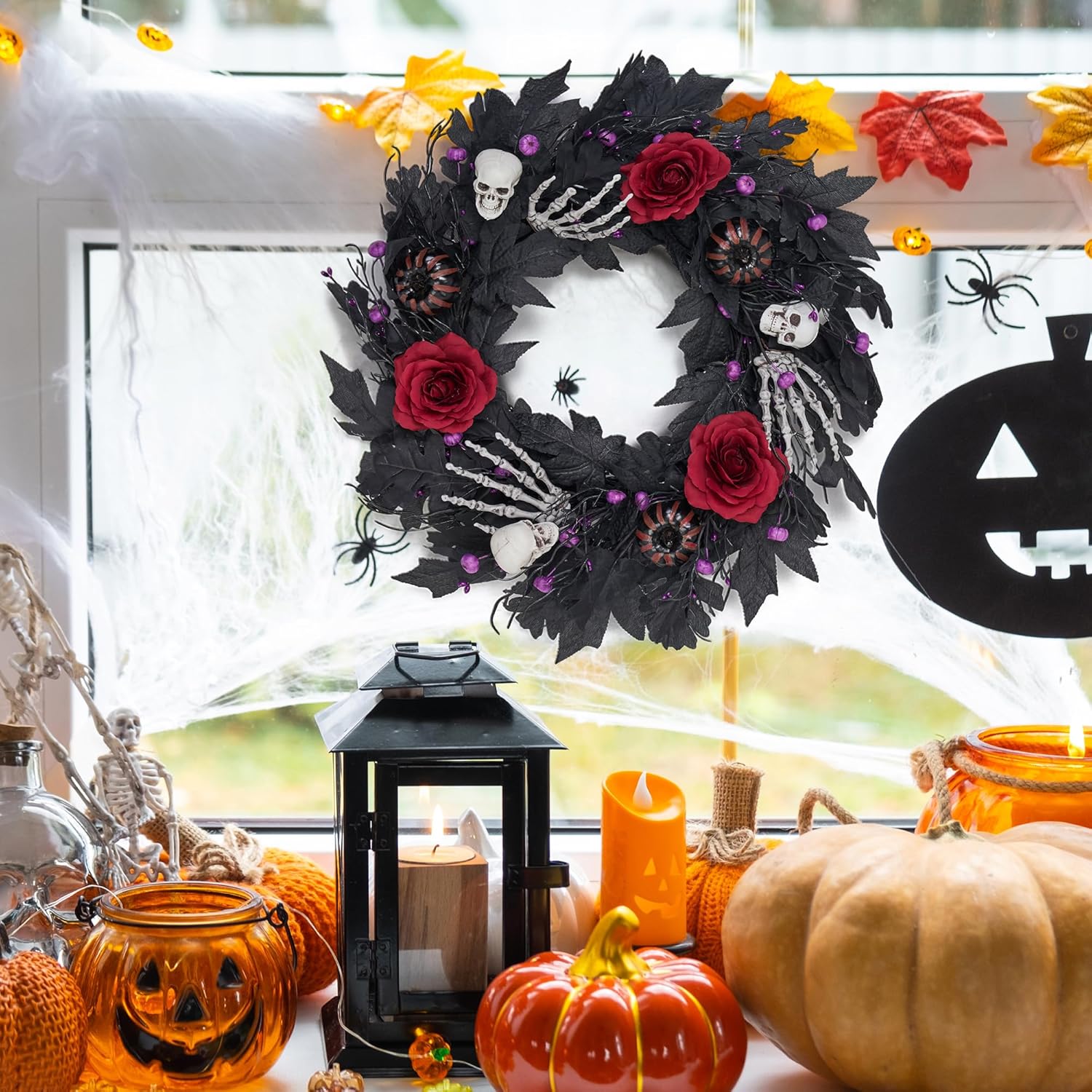 GENMOUS Halloween 22Inch Rose Wreath with Lights