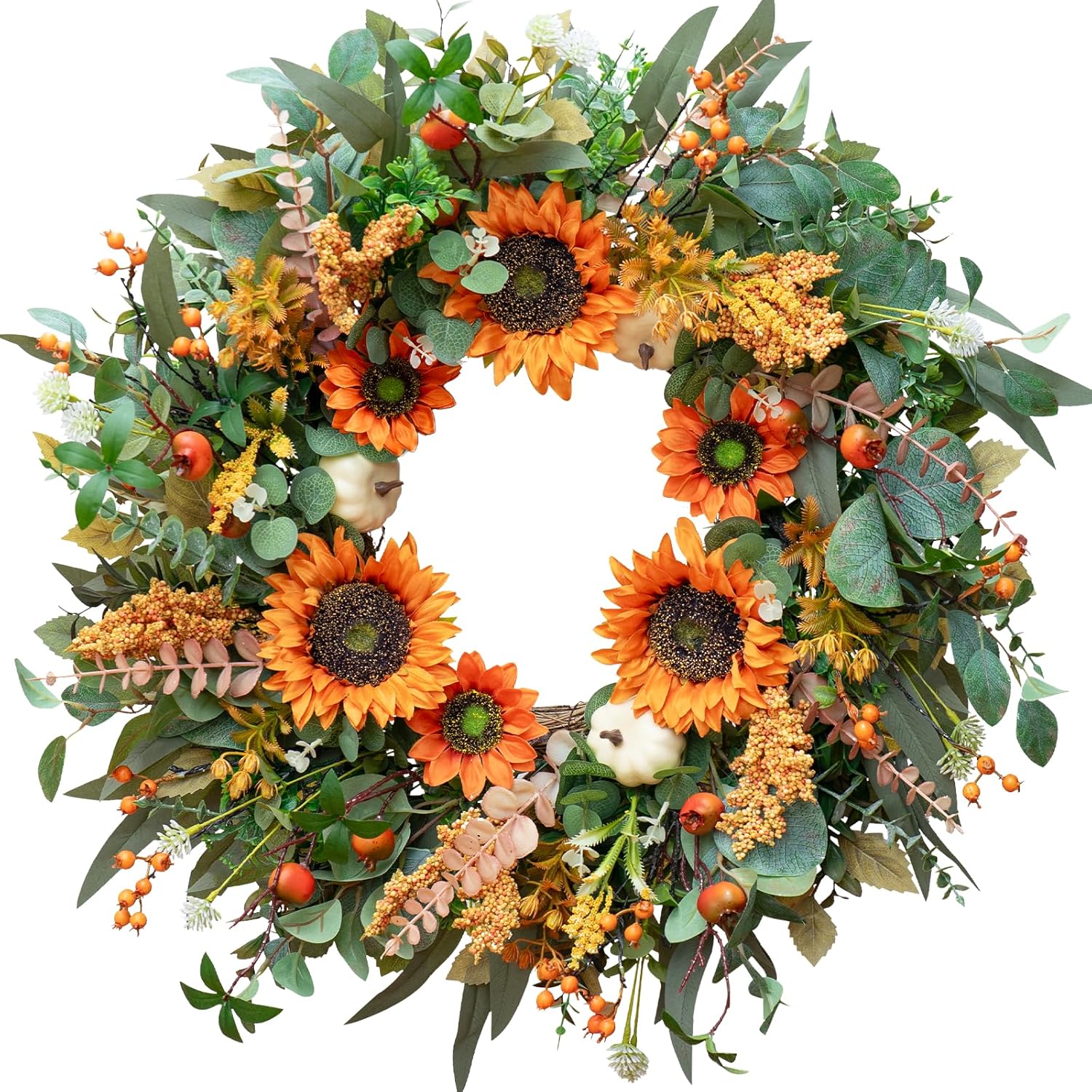 24 Inch Fall Door Wreath with Sunflowers and Berries