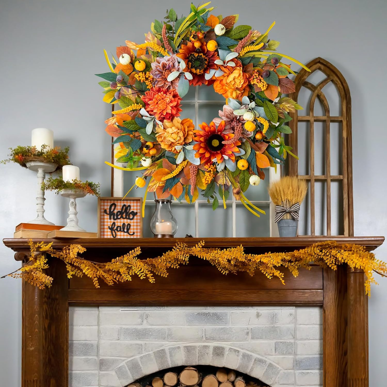 24 Inch Fall Wreath with Sunflowers Dahlias Pumpkins for Front Door