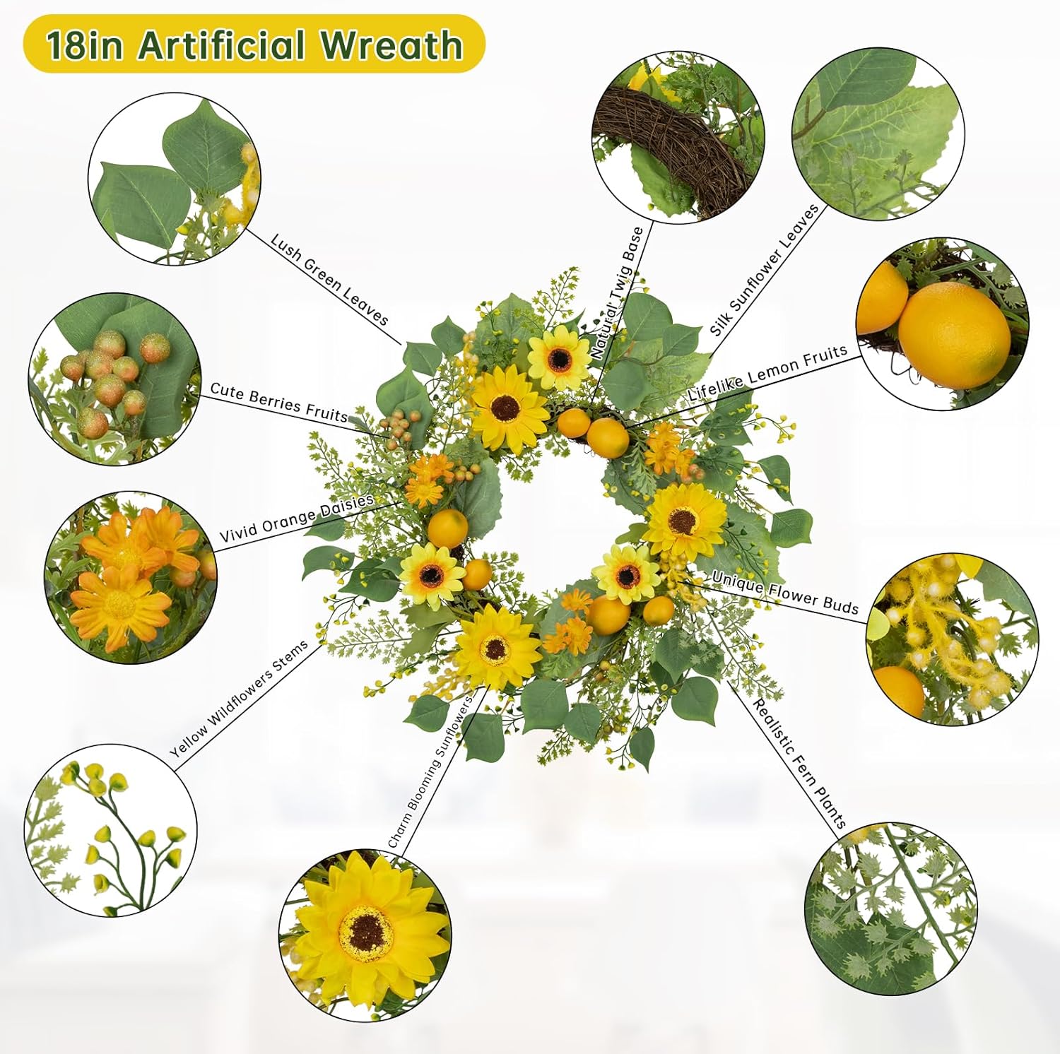 Lemon Sunflower Wreath for Front Door Spring Decor