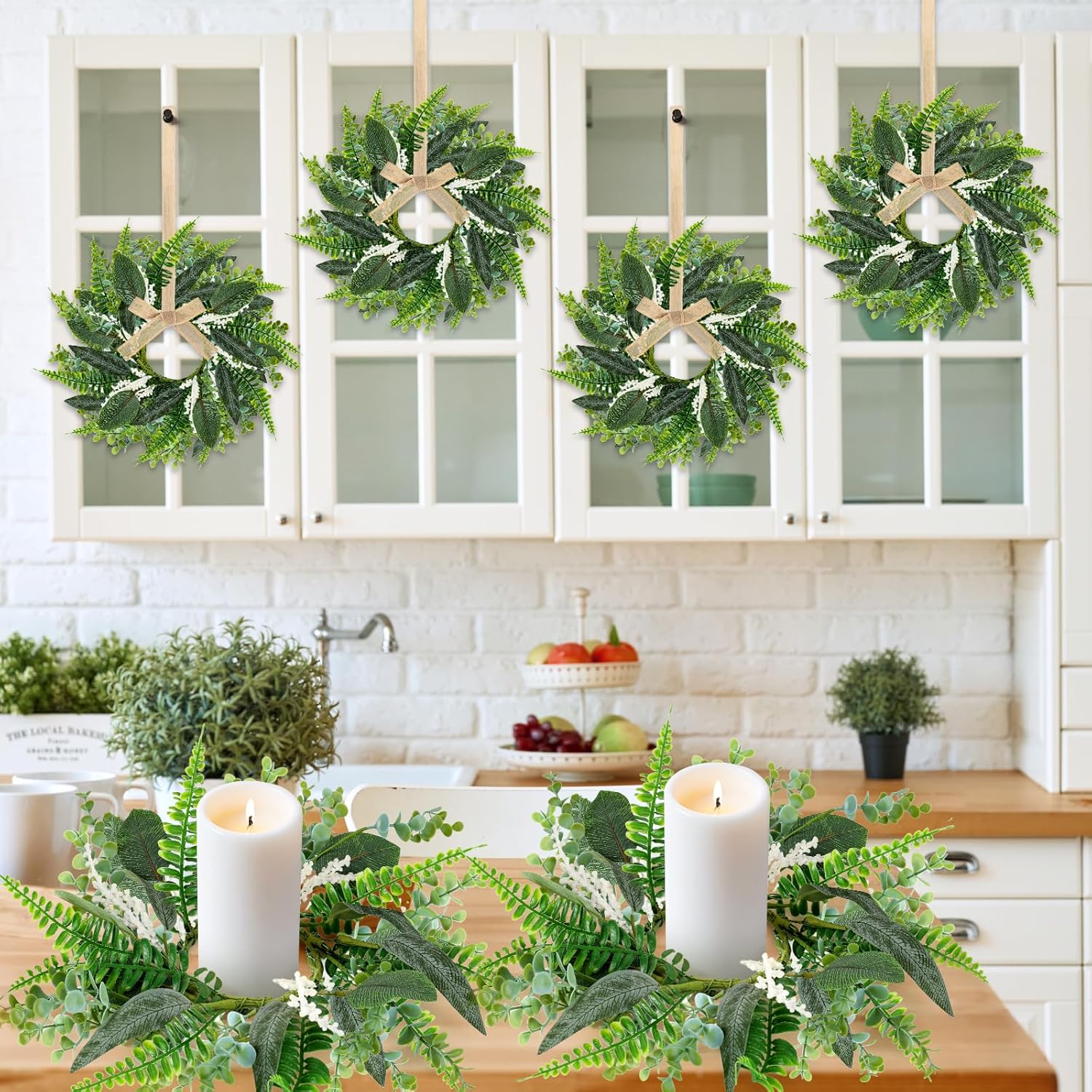 4PCS 9 Inch Mini Eucalyptus Wreaths for Cabinets Decorations