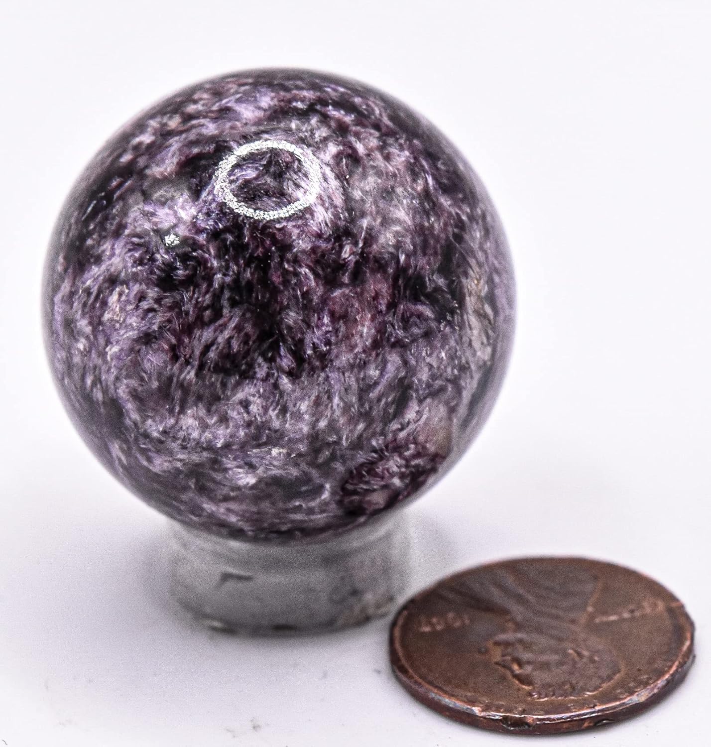 30mm Purple Charoite Sphere with Orange Inclusions Decor Ball - Russia Stand Included