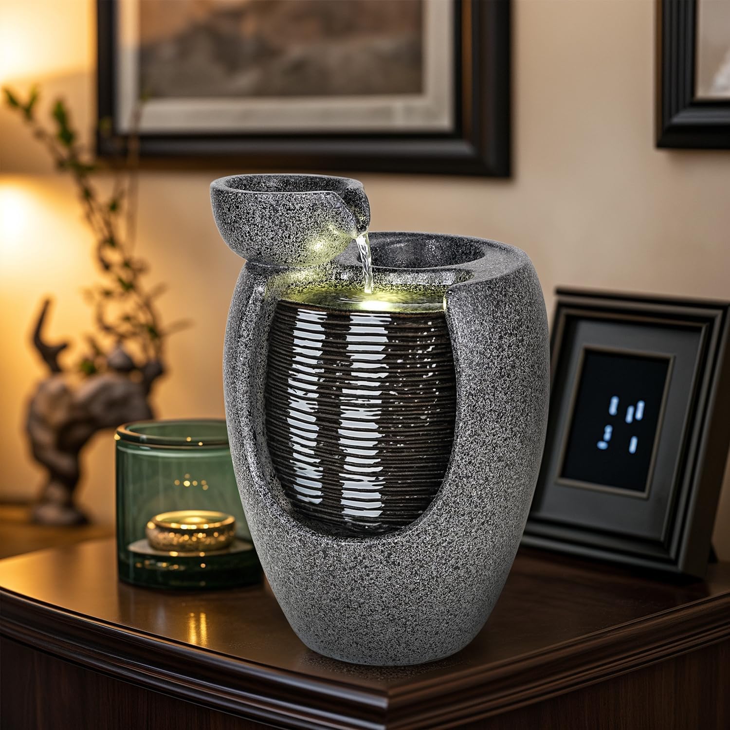 10 Inch Ceramic LED Tabletop Water Fountain with Plant Holder