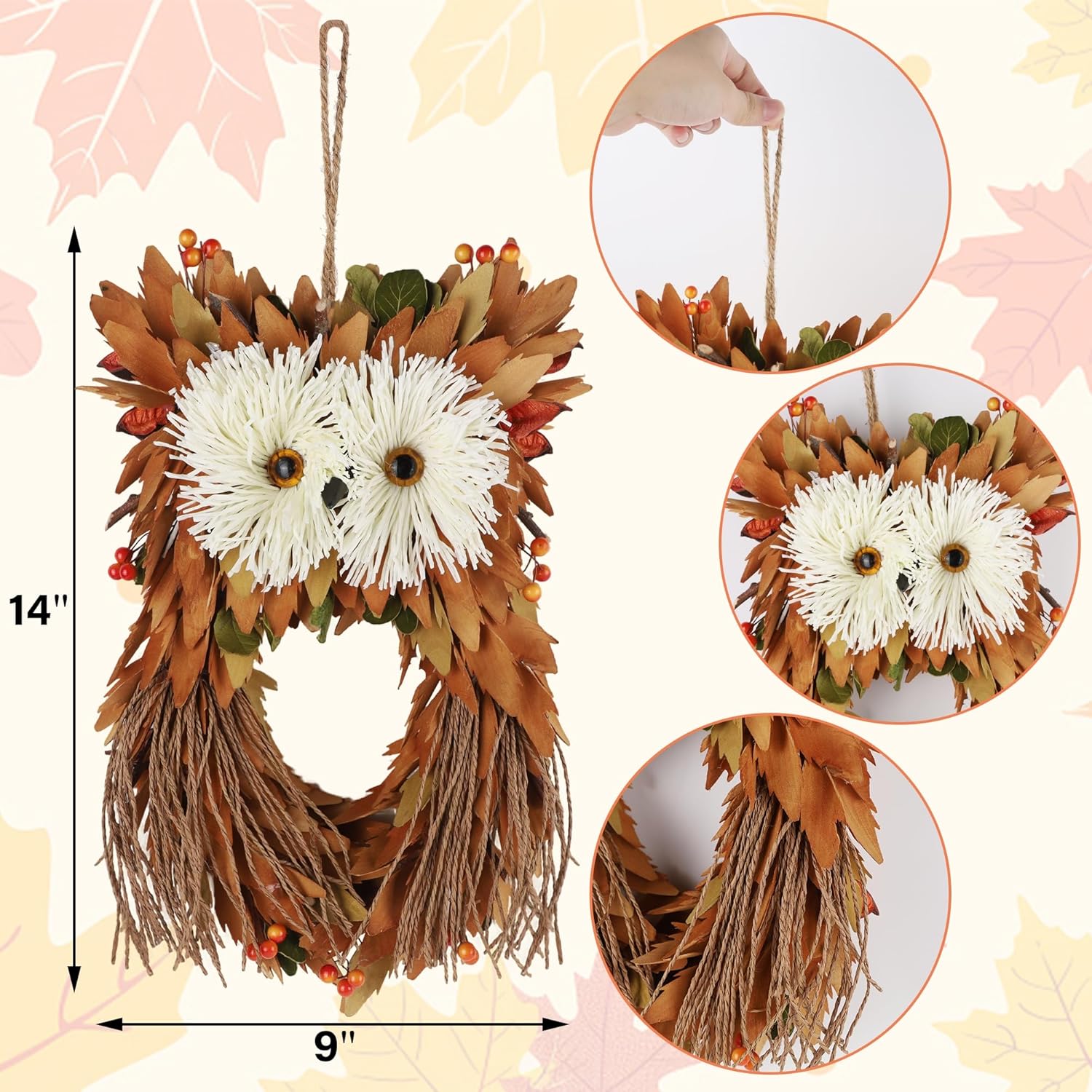 Winemana Owl Fall Wreath 14 Inch Handmade Decor