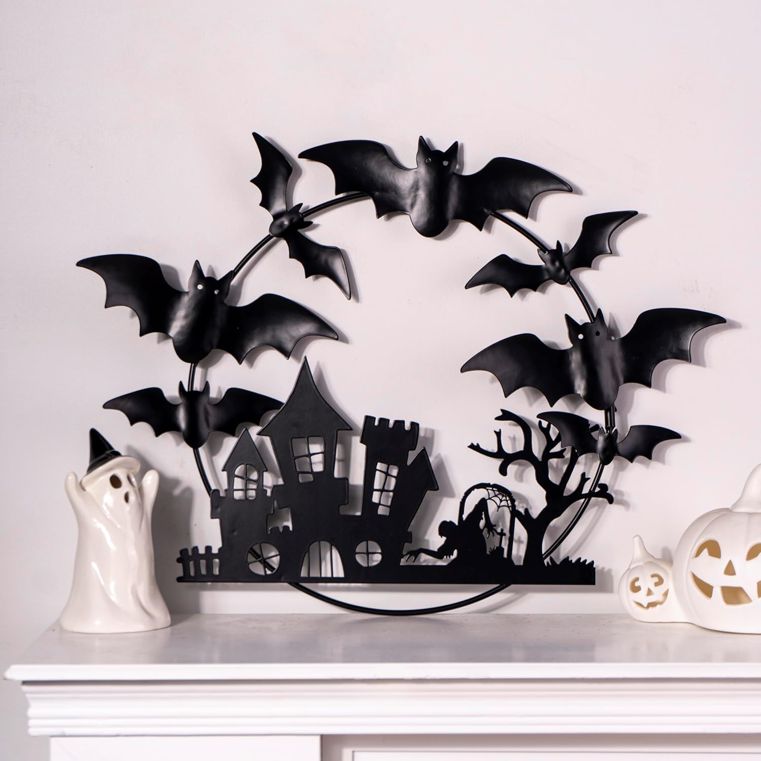 Halloween Metal Wreath - 20 Inch Black Iron Decor with Bats Castle Witch and Tree