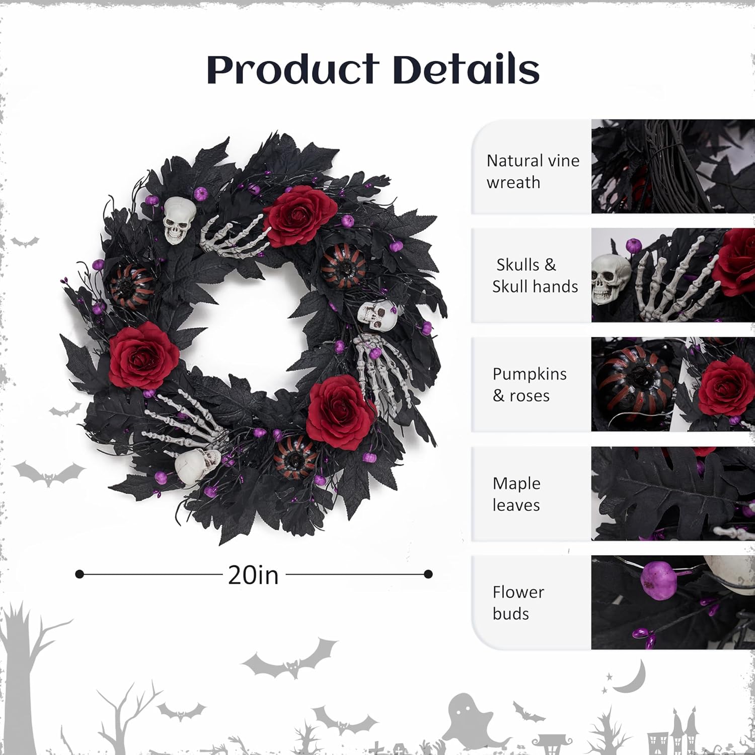 GENMOUS Halloween 22Inch Rose Wreath with Lights