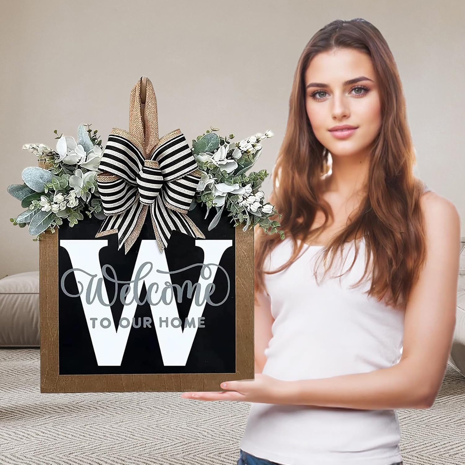 Ultra Large 14 Inch Front Door Wreath with 26 Initial Welcome Sign