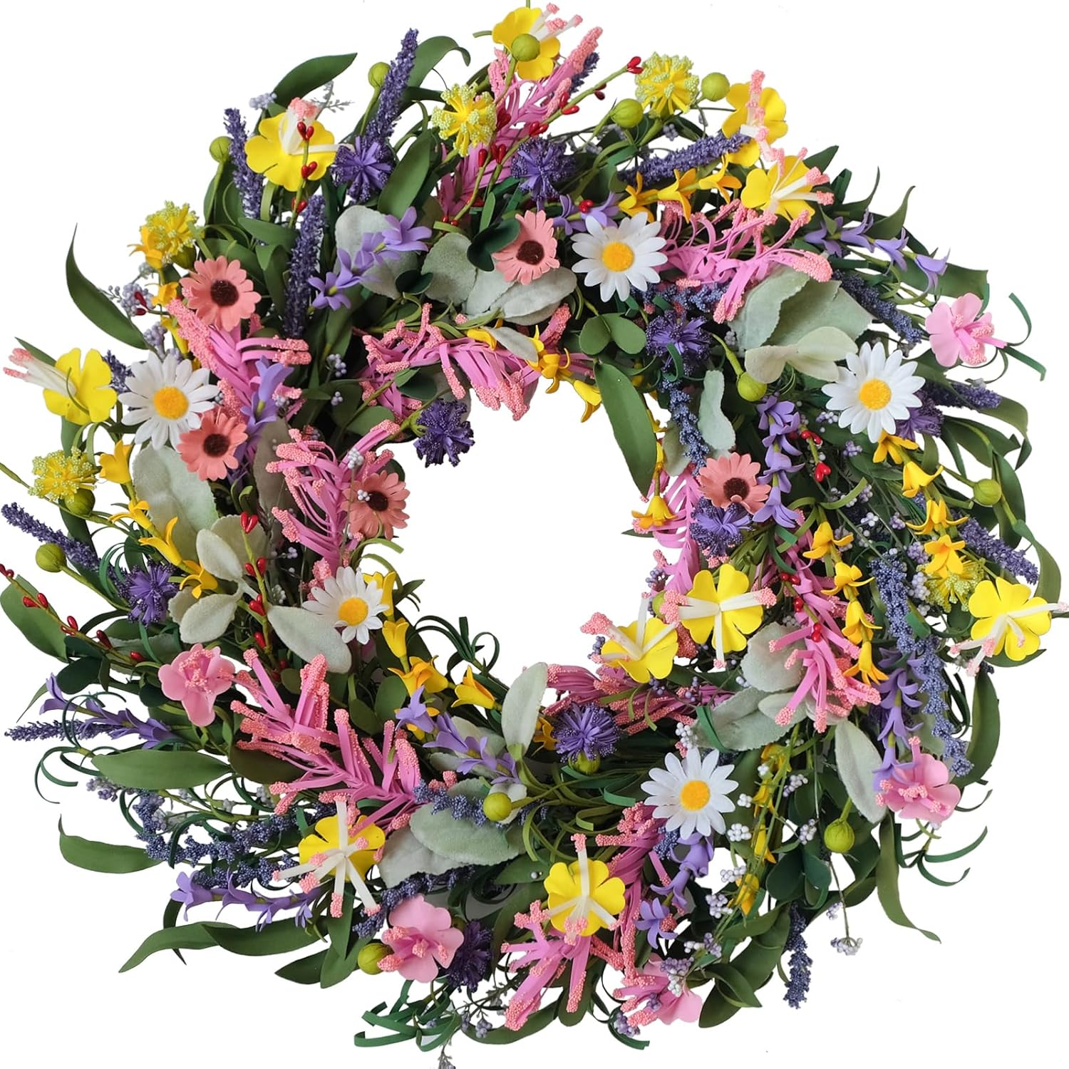 Bibelot Spring Wreath for Front Door 22 Inch Artificial Floral Decor with Daisy Lavender and Wildflowers