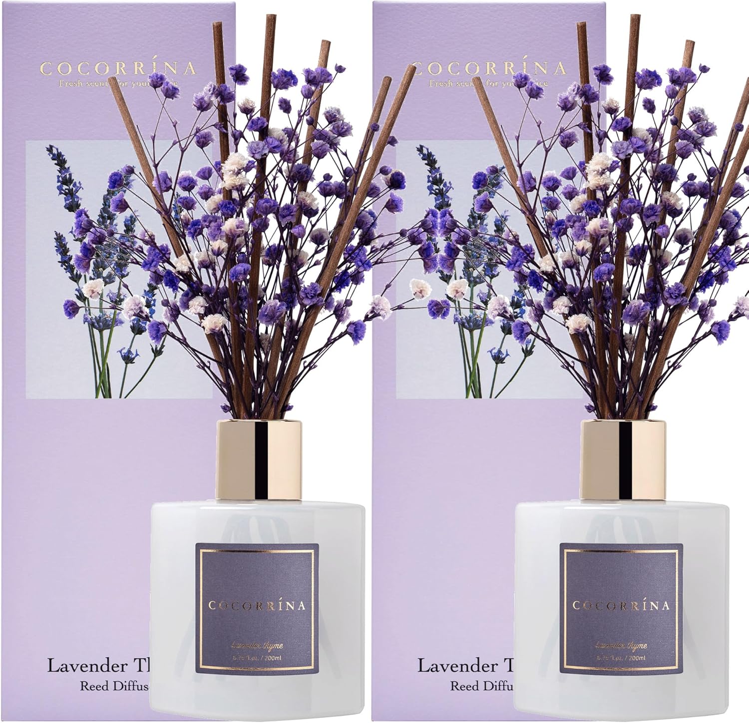 Cocorrina Premium Reed Diffuser Set with Preserved Babys Breath and Cotton Stick Lavender Thyme 2 Packs