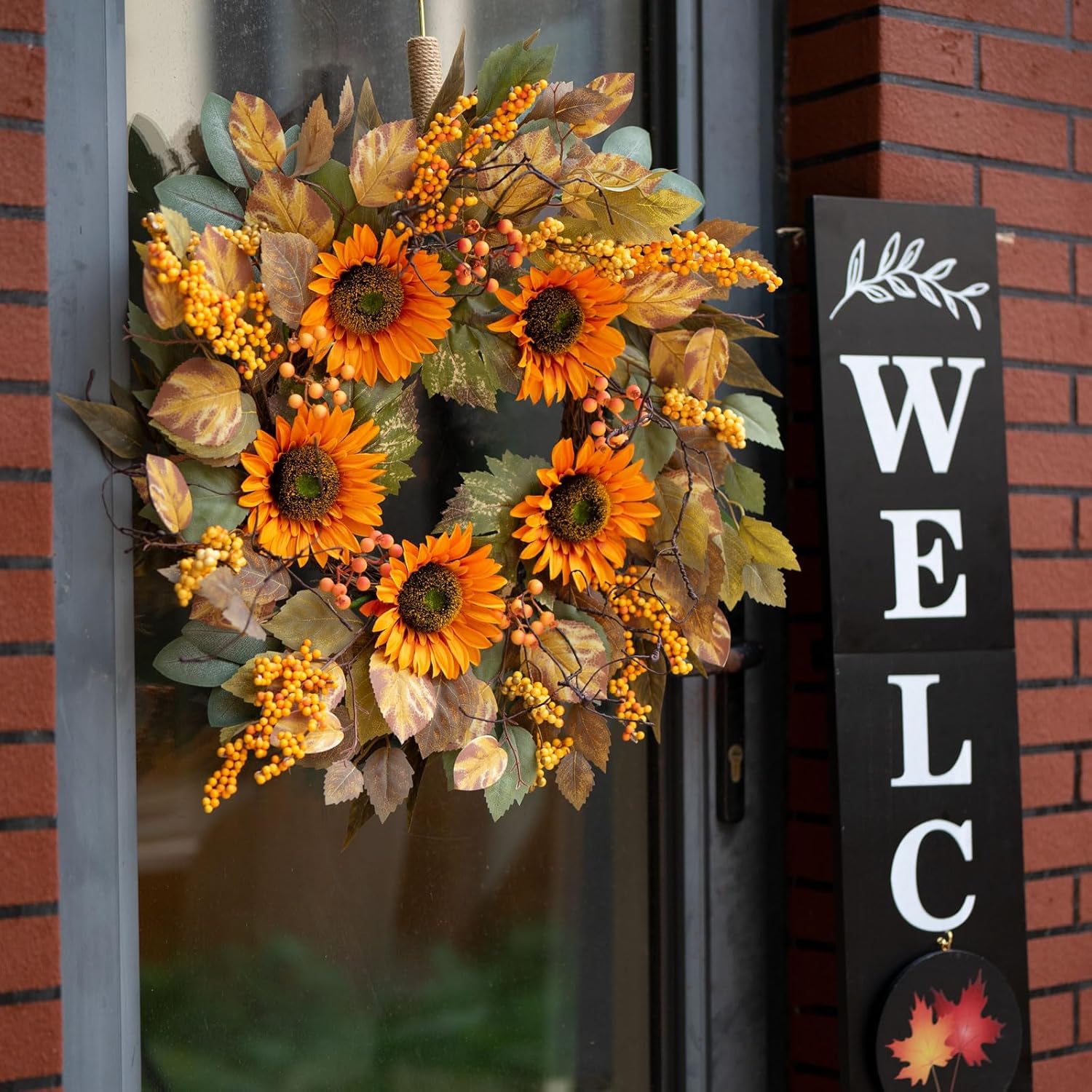 22 Inch Fall Door Wreath with Sunflowers and Leaves