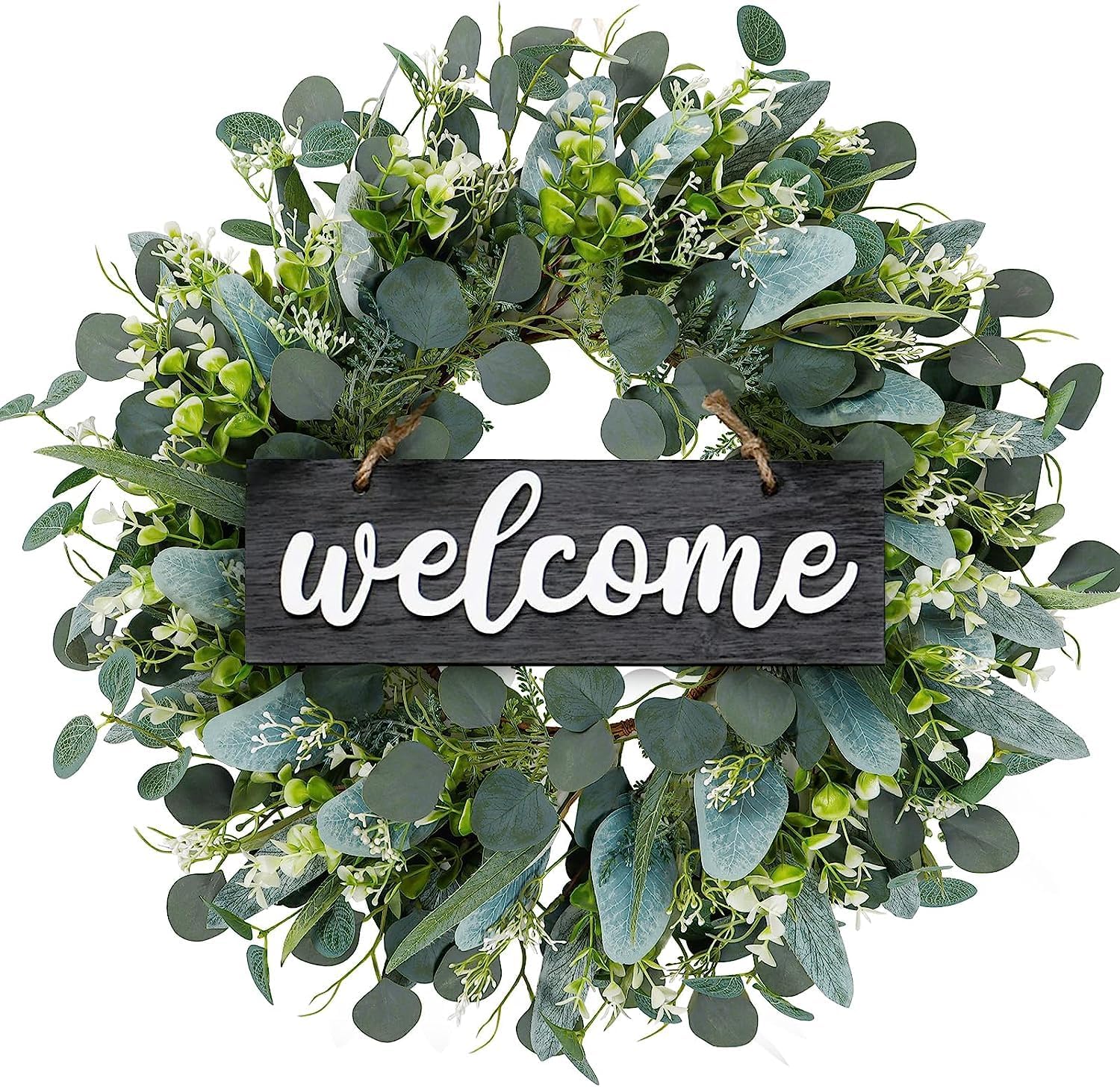 Dremisland Green Eucalyptus Wreath with Welcome Sign 22in Decor
