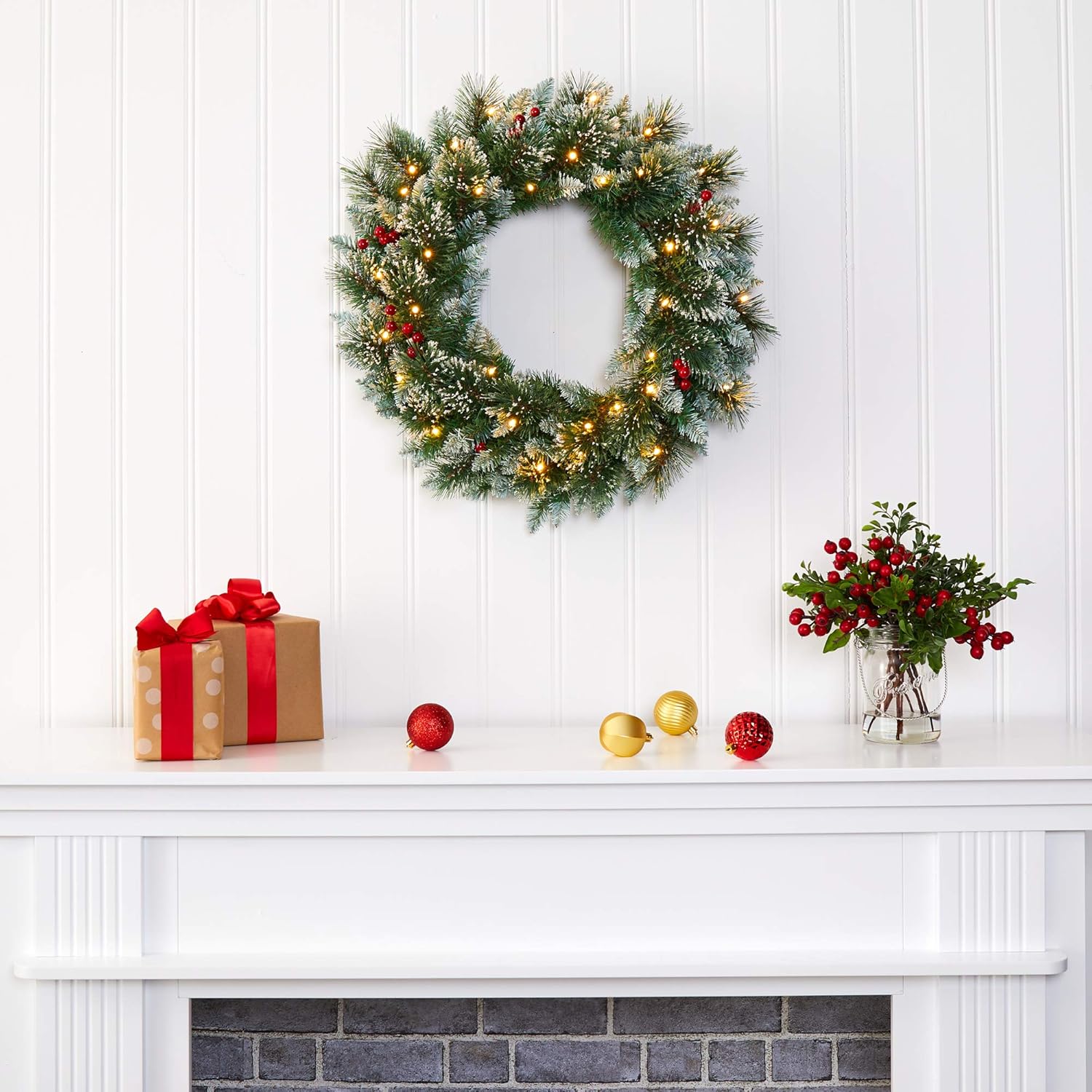 Nearly Natural 24in Frosted Swiss Pine Artificial Wreath with LED Lights and Berries
