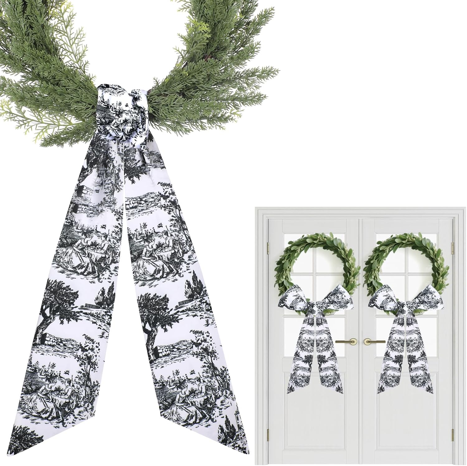 Black Wreath Sash for Front Door - 2 Pcs French Toile Accents for Home Decor