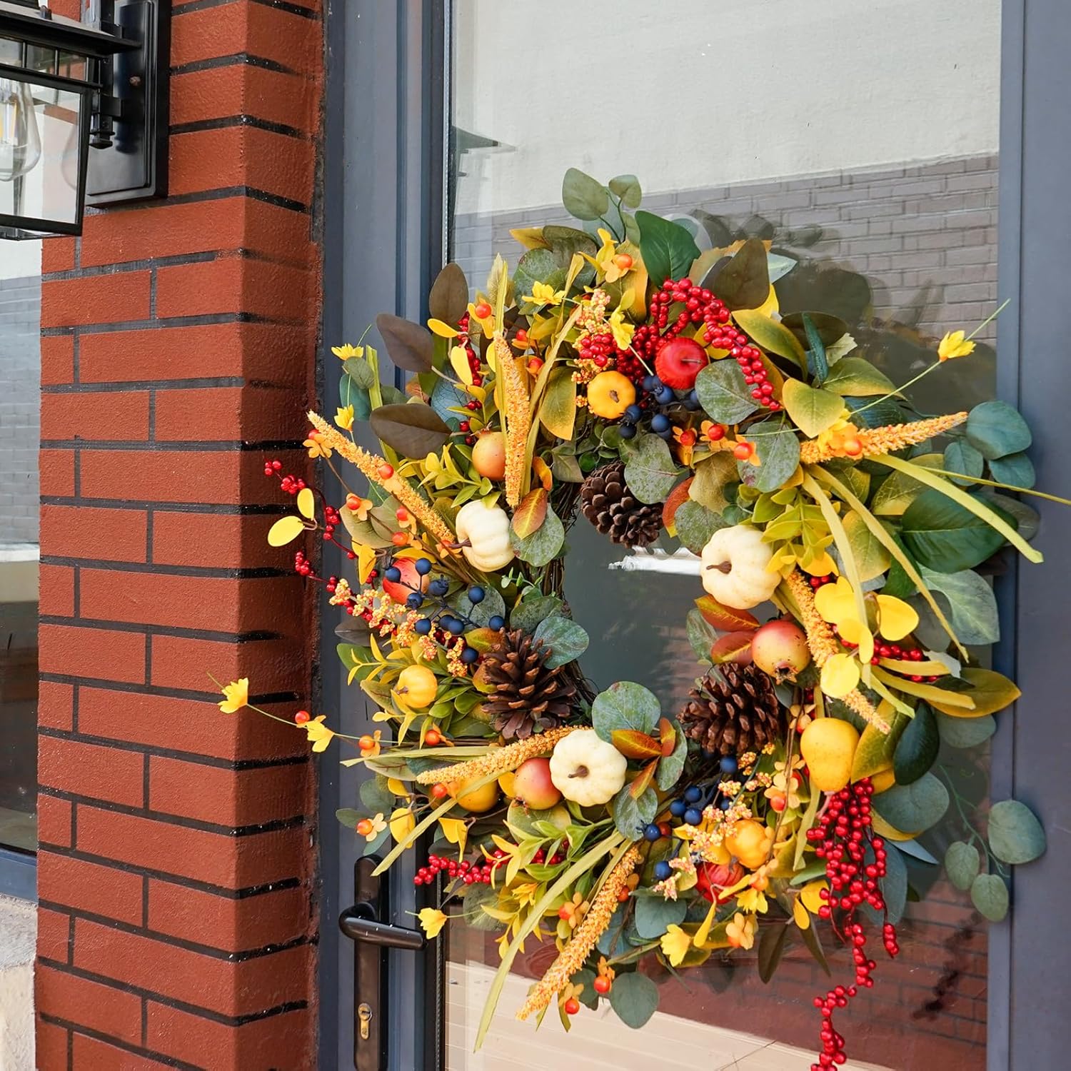 24 Inch Fall Wreath with Yellow White Pumpkins Red Berries Eucalyptus Pinecones