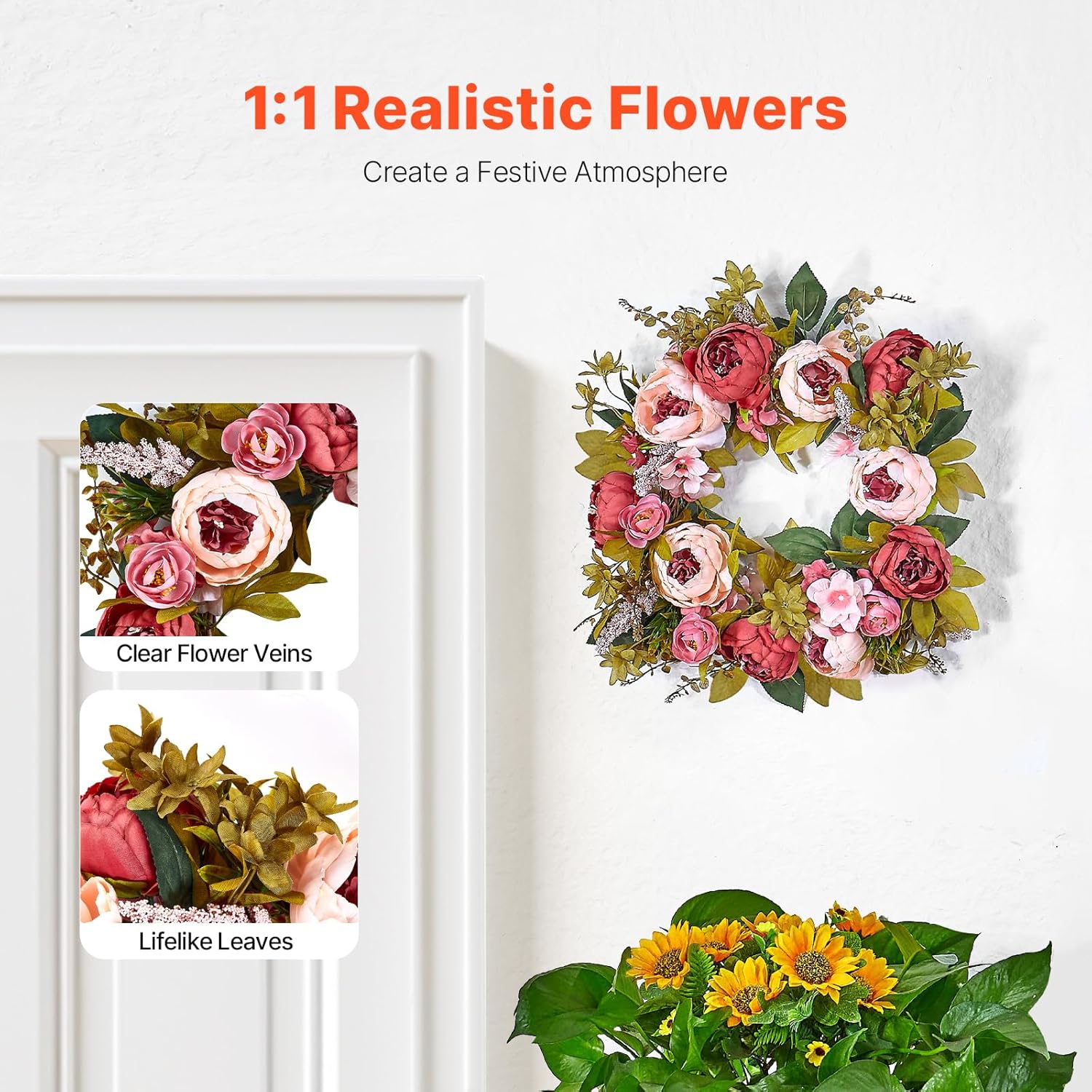 VEVOR 19 Inch Artificial Peony Wreath for Front Door