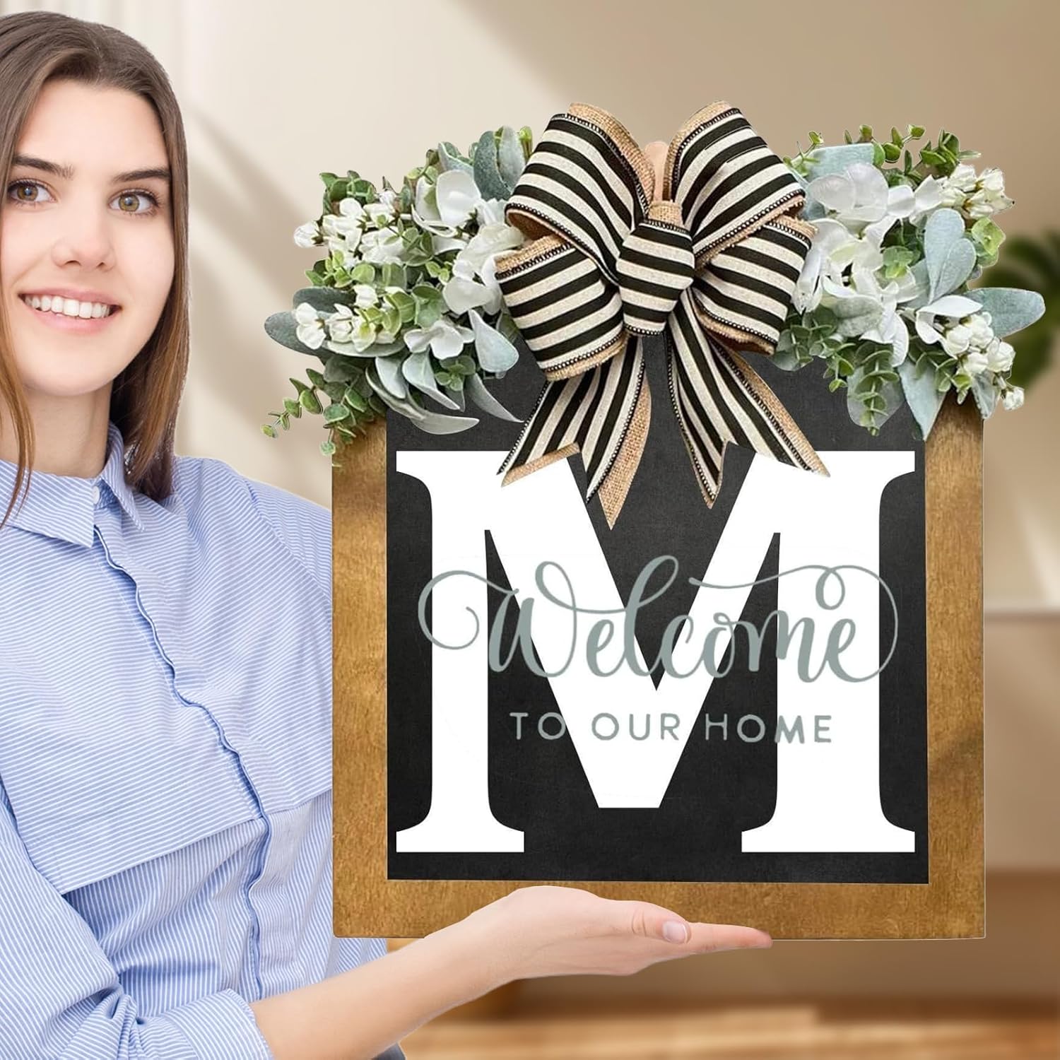 2025 Welcome Wreath for Front Door - 14x12 Inch Farmhouse Sign