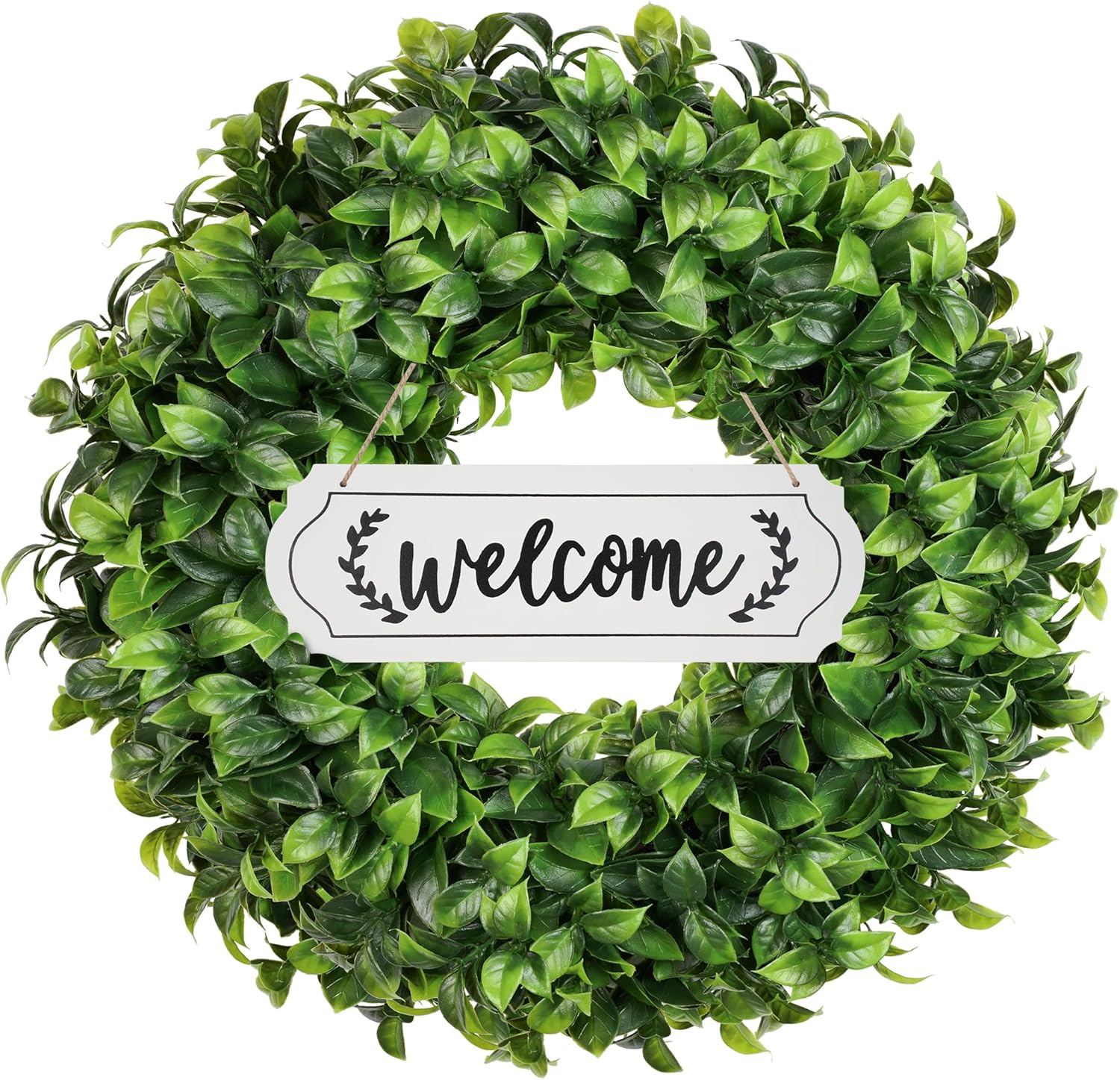 20 Inch Boxwood Wreath with Hello Sign for Front Door