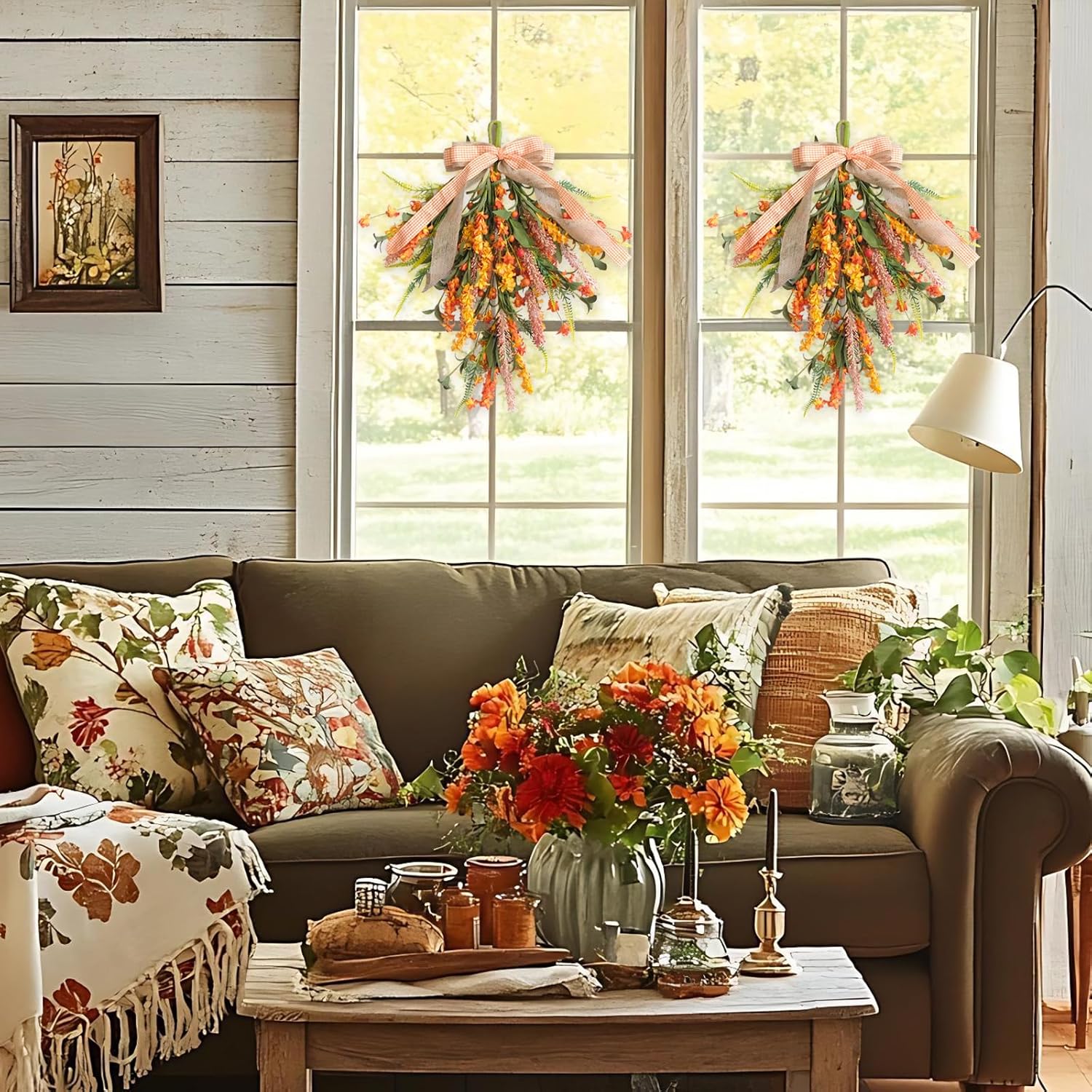 Set of 2 Fall Swags with Artificial Flowers and Berries