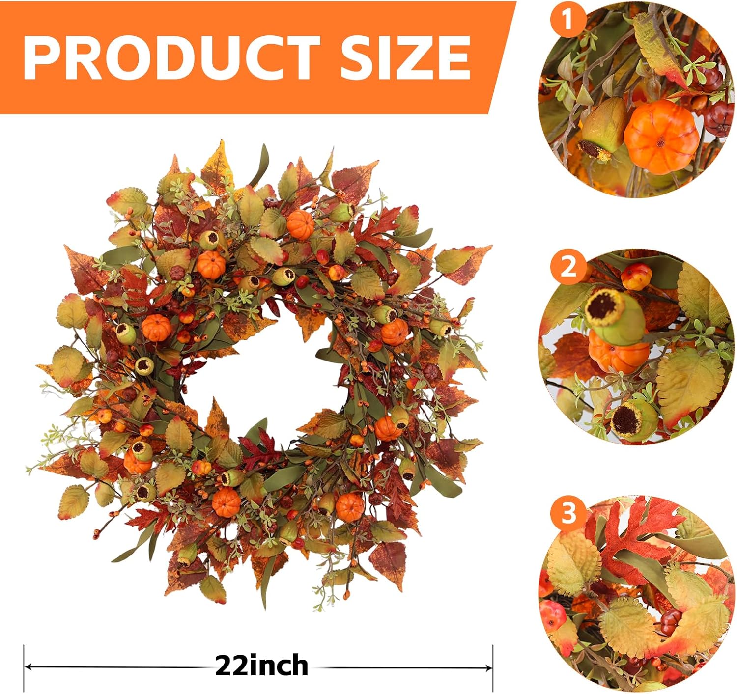 22 Inch Artificial Fall Wreath with Pumpkin and Maple Leaves