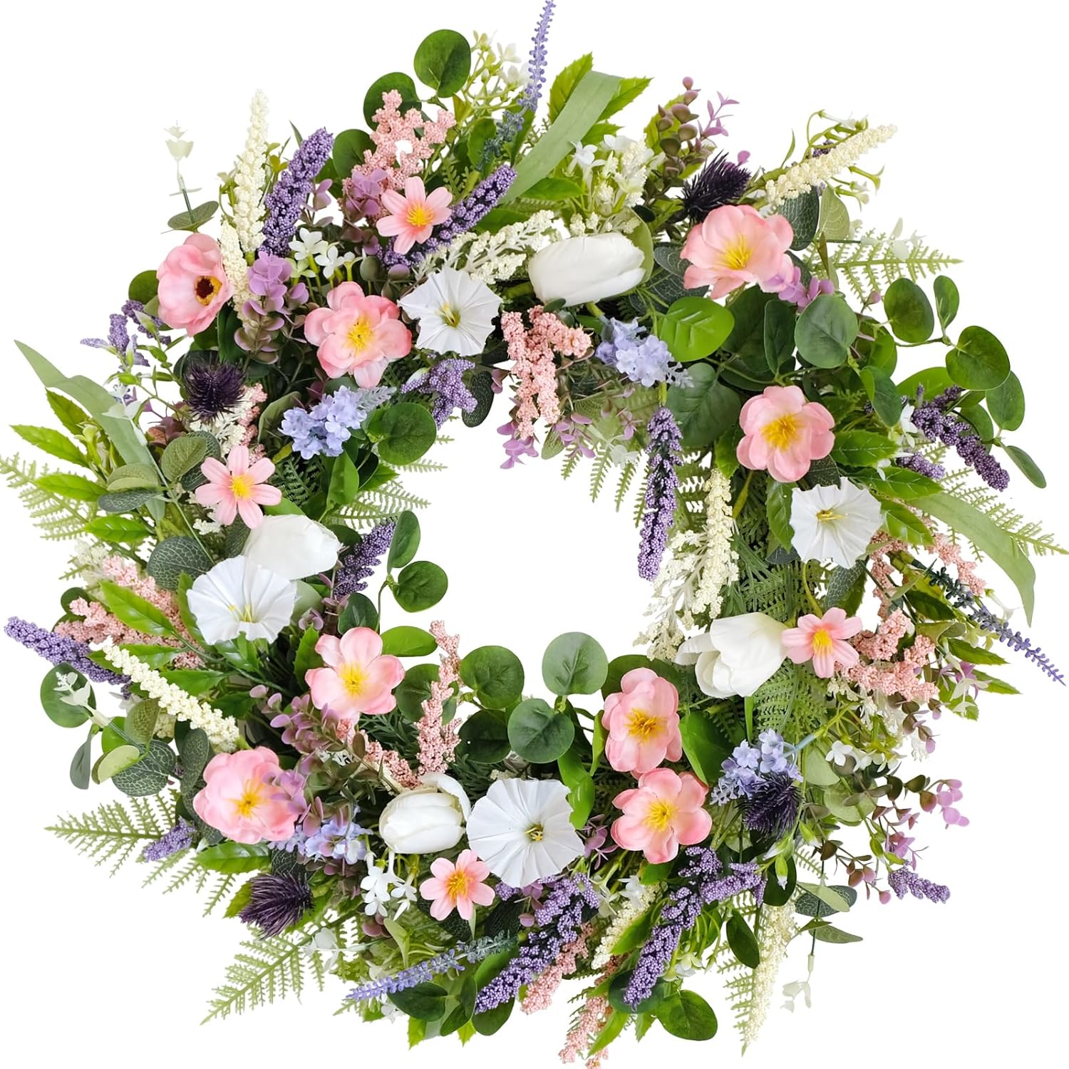 22 Inch Faux White Morning Glory Wreath for Front Door