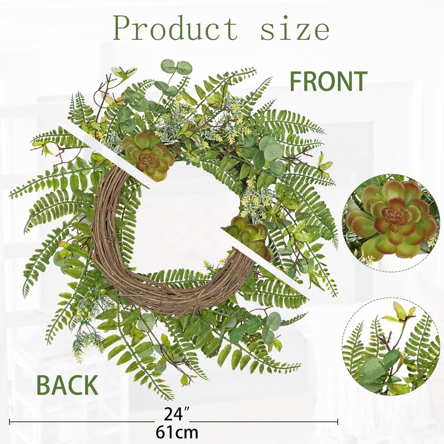 24 Inch Artificial Fern Wreath for Front Door
