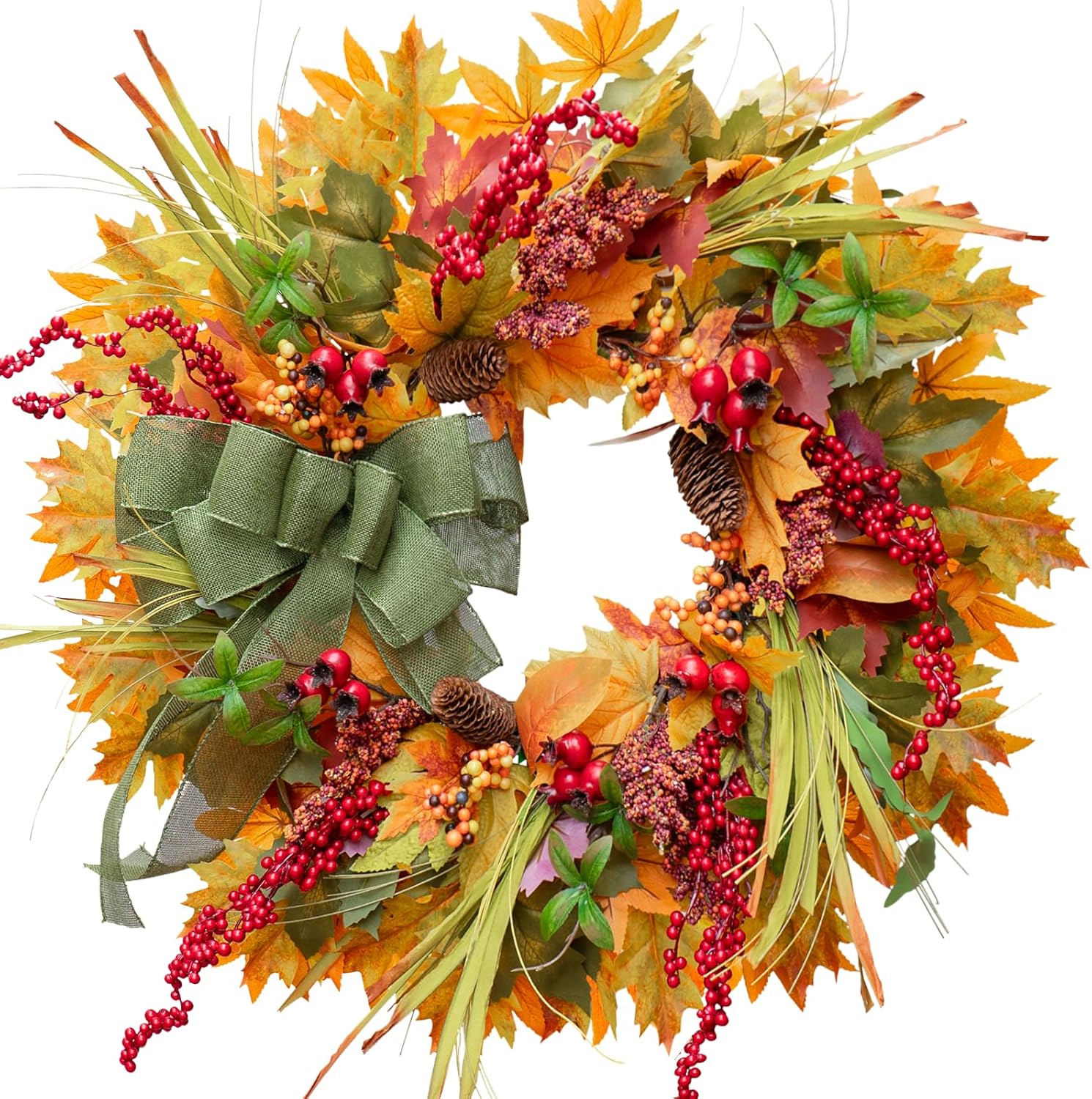 24 Inch Artificial Autumn Door Wreath with Green Bow and Maple Leaves