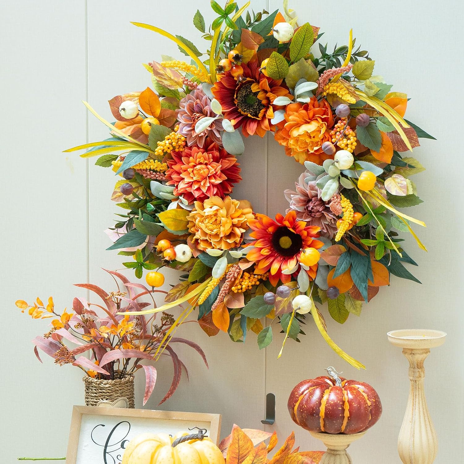 24 Inch Fall Wreath with Sunflowers Dahlias Pumpkins for Front Door