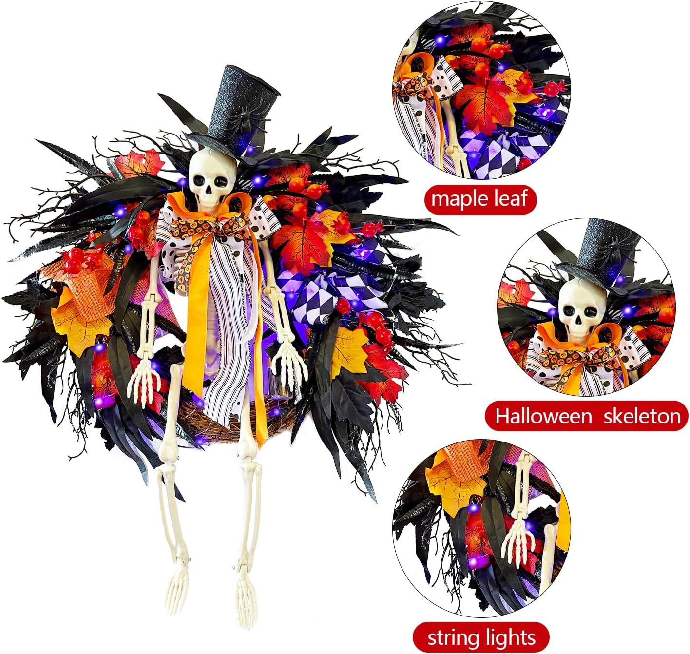 28 Inch Halloween Skeleton Wreath with Lights
