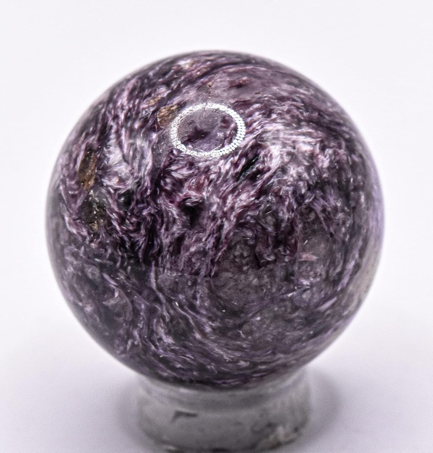 30mm Purple Charoite Sphere with Orange Inclusions Decor Ball - Russia Stand Included