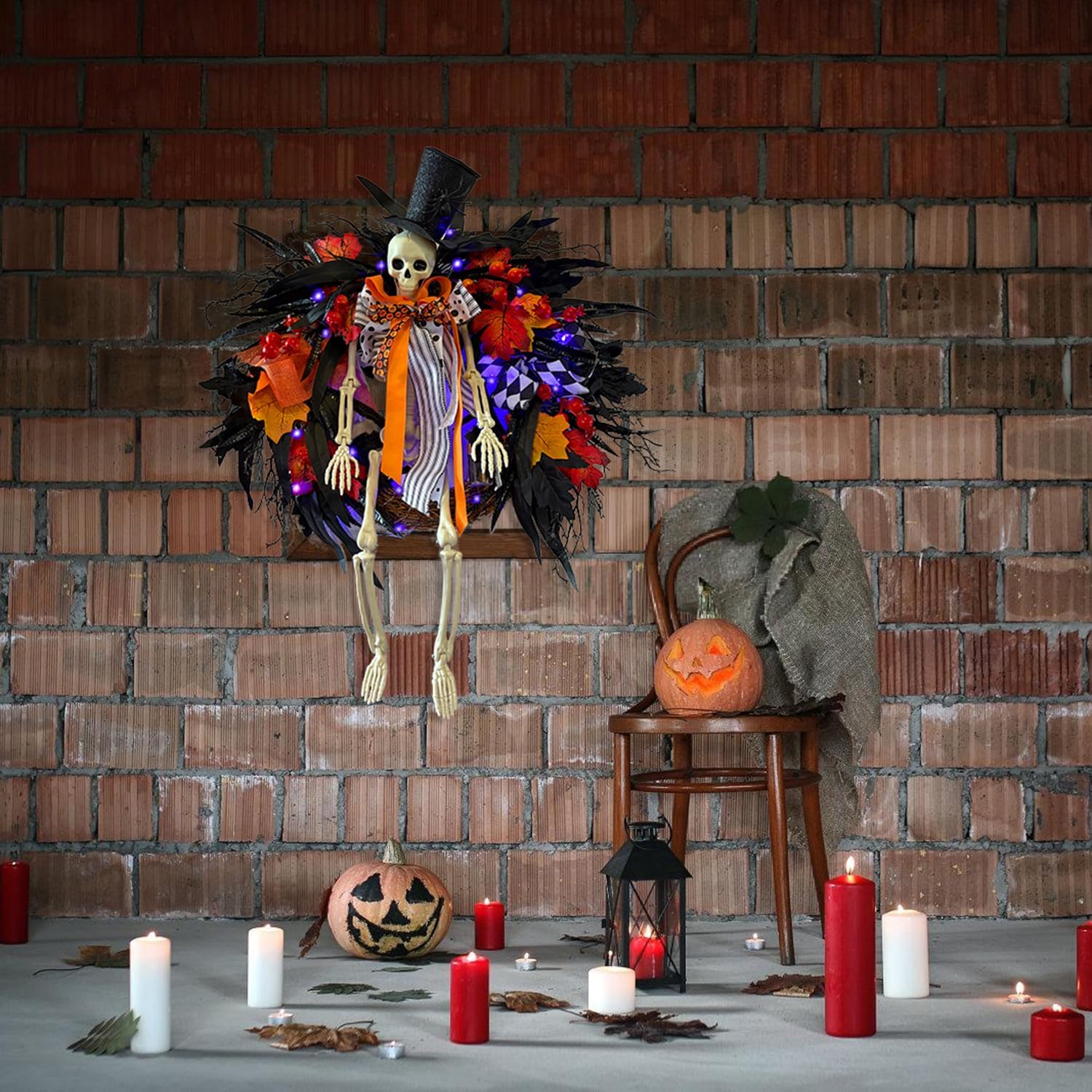 28 Inch Halloween Skeleton Wreath with Lights