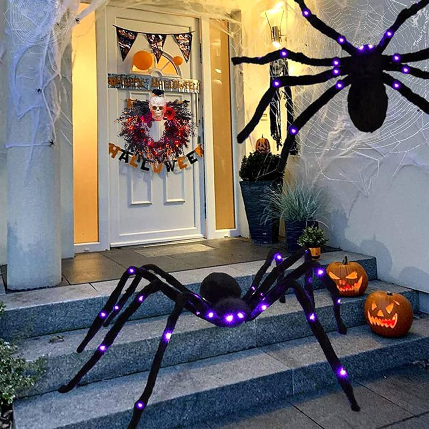 20 Inch Halloween Front Door Wreath with Spider Scary Skull Rose Red and Black Decor Lights