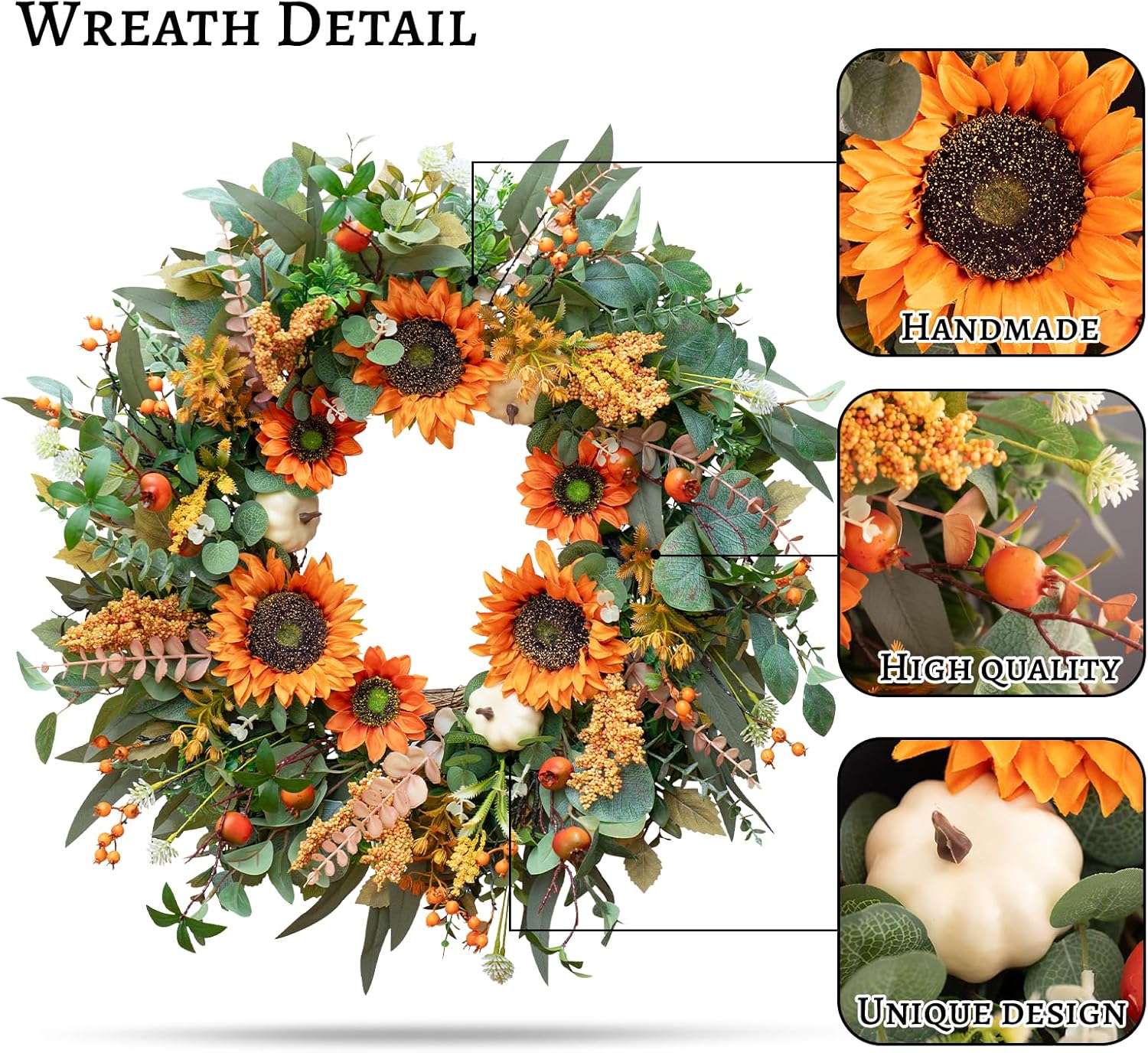 24 Inch Fall Door Wreath with Sunflowers and Berries