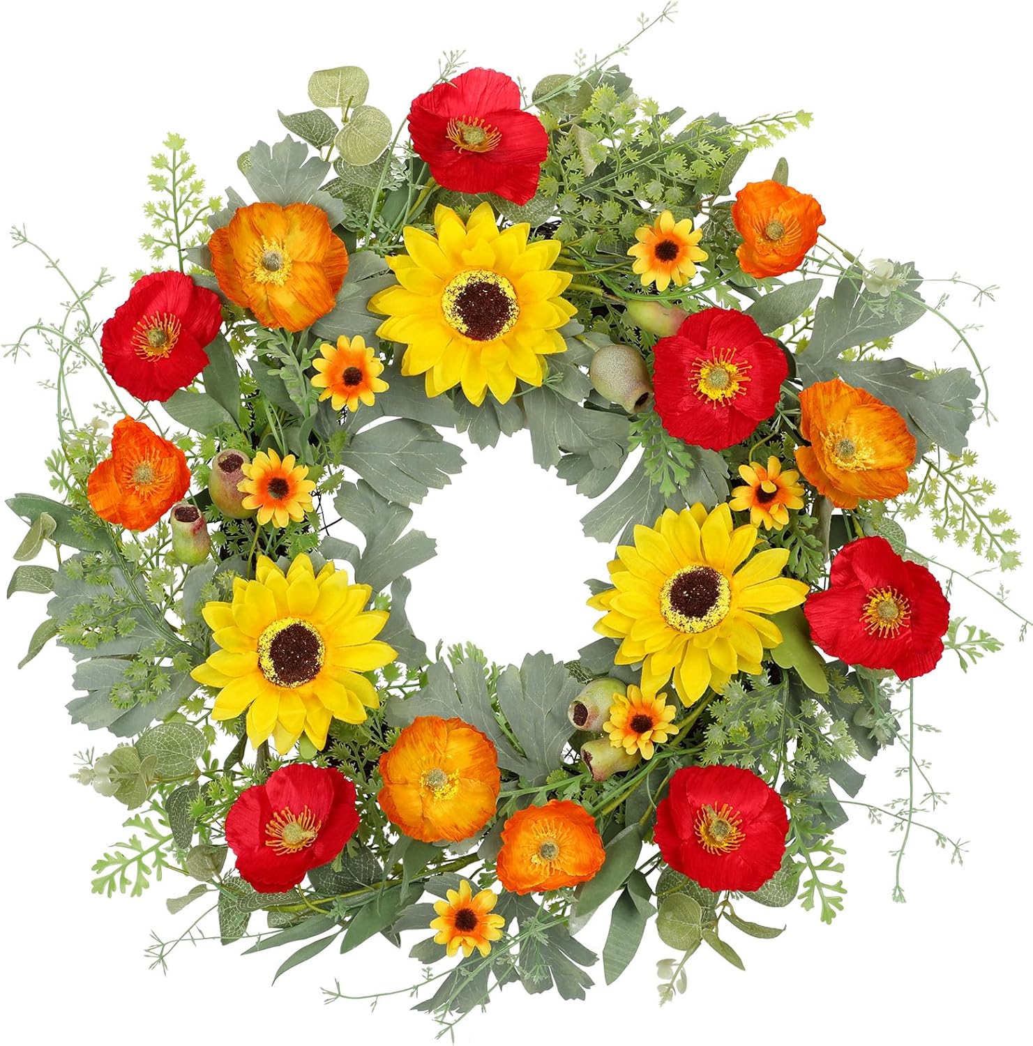 Hollyone 20 Inch Artificial Spring Wreath with Sunflowers and Eucalyptus Leaves