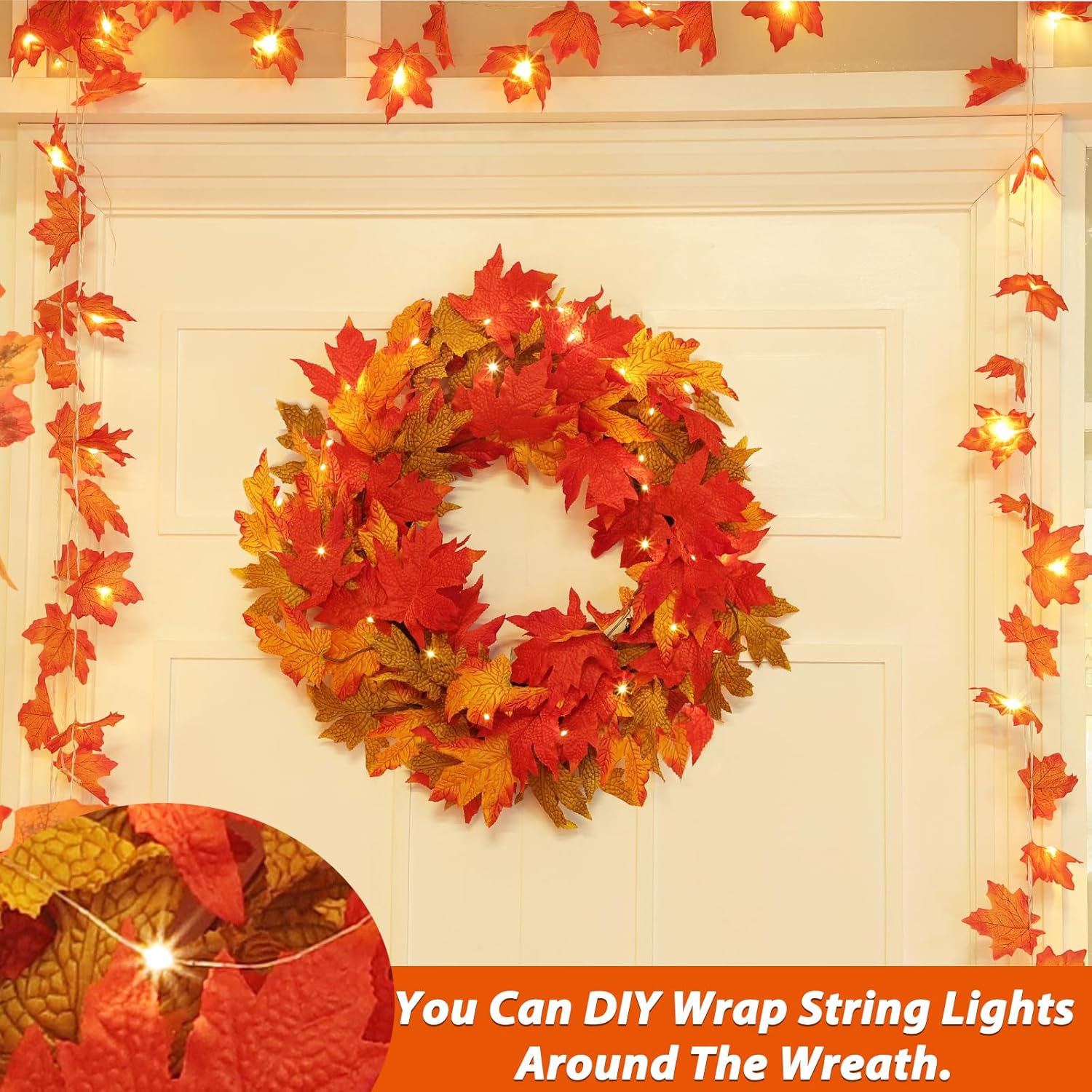 26 Inch Foldable Fall Wreath with Timer and Lights
