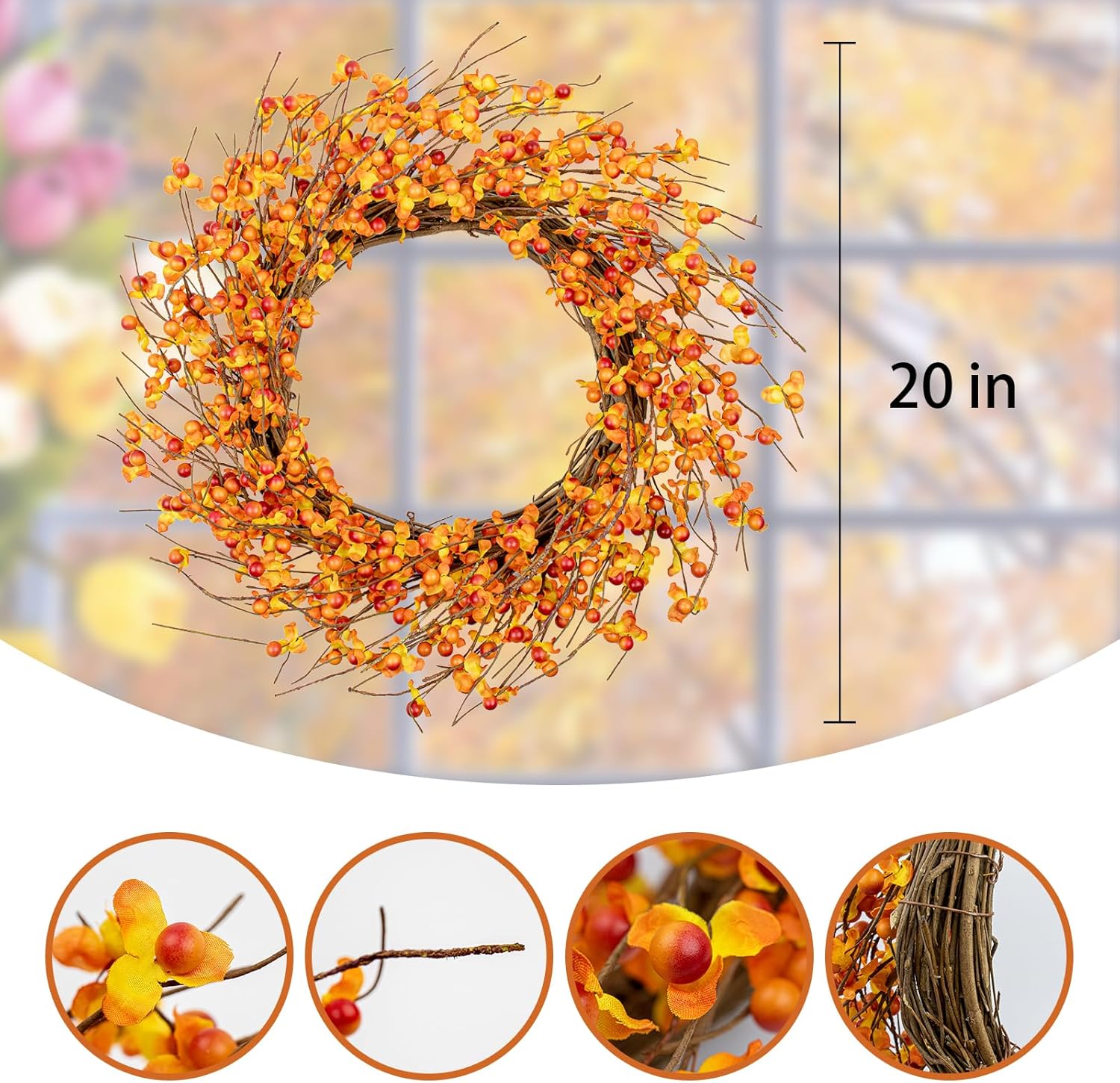 20 Inch Artificial Fall Wreath for Front Door Autumn Decor