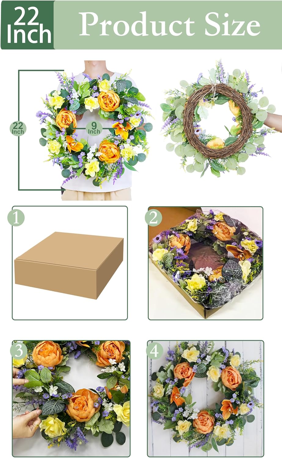 22 Inch Handmade Spring Wreath Front Door Decor
