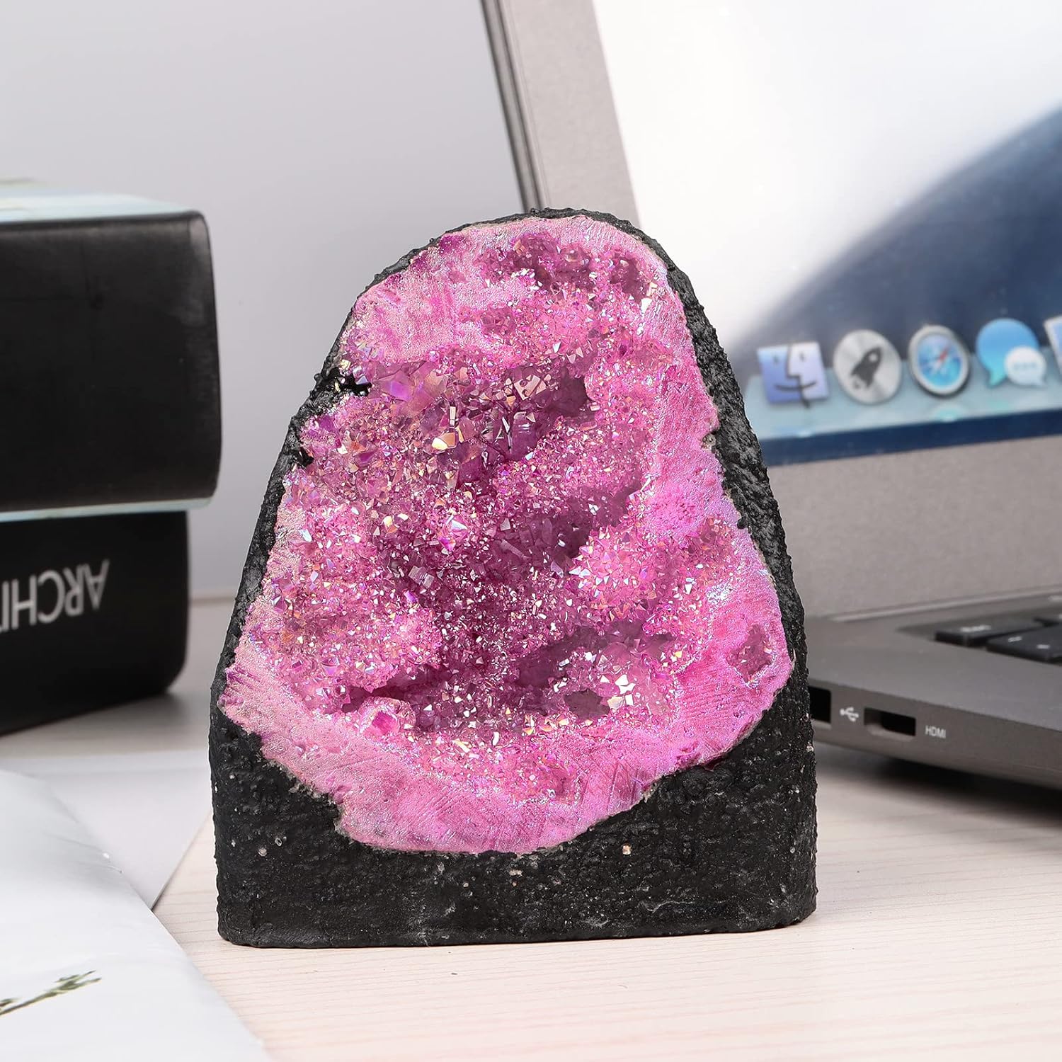Rockcloud Rose Red Titanium Coated Crystal Geode for Home Office Decoration