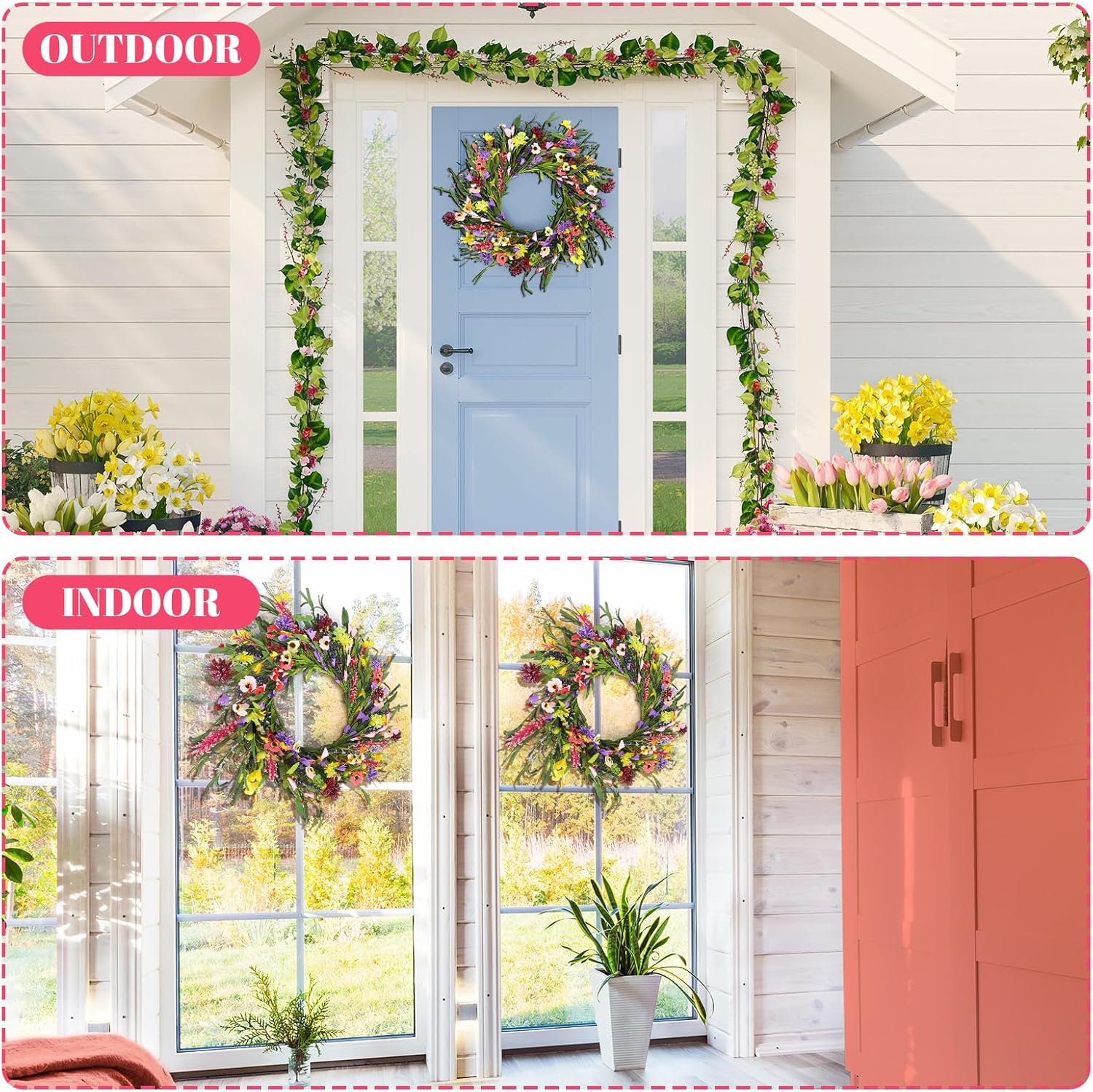 Hotop 2 Pcs Spring Summer Door Wreath for Front Door