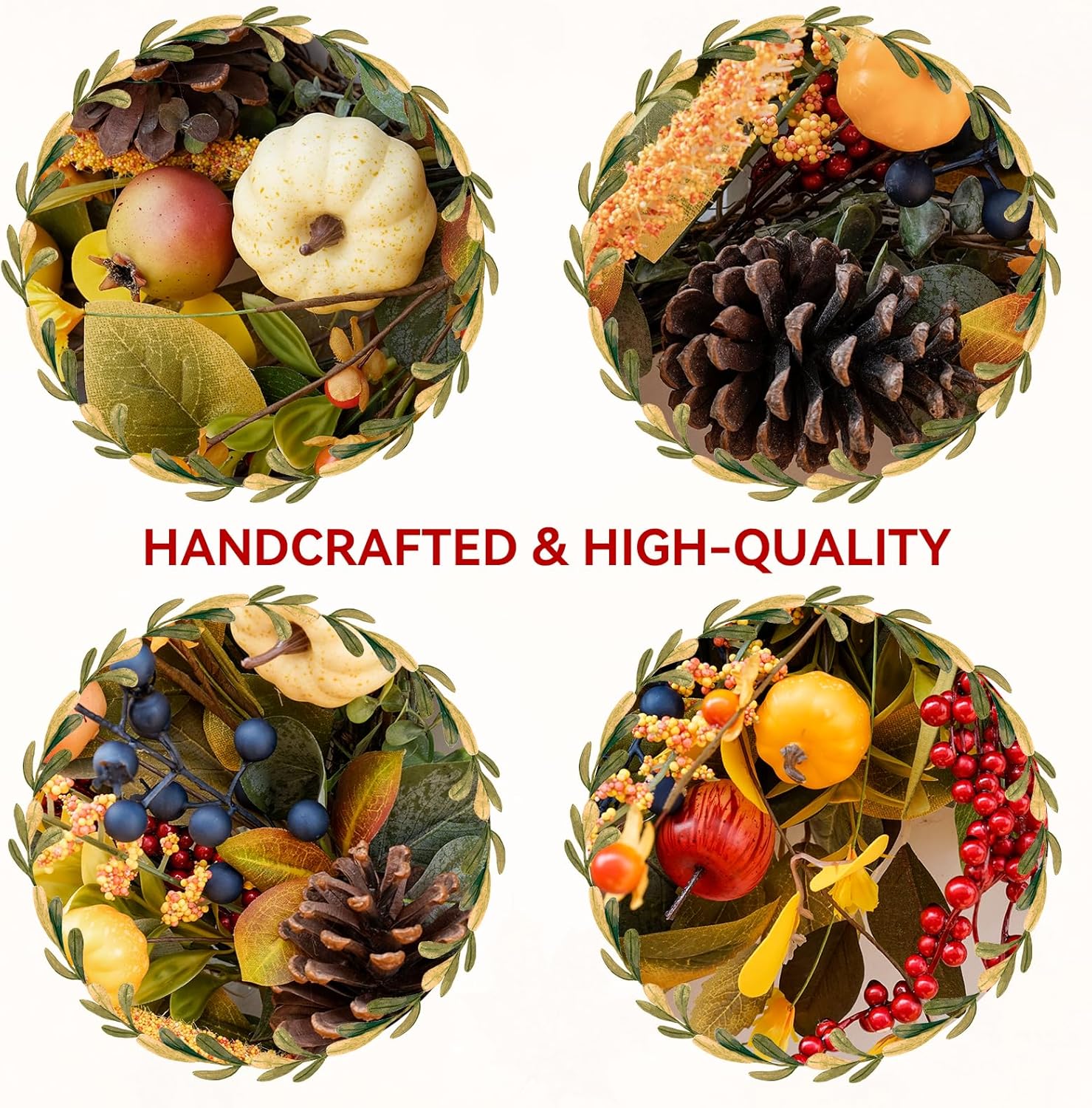 24 Inch Fall Wreath with Yellow White Pumpkins Red Berries Eucalyptus Pinecones