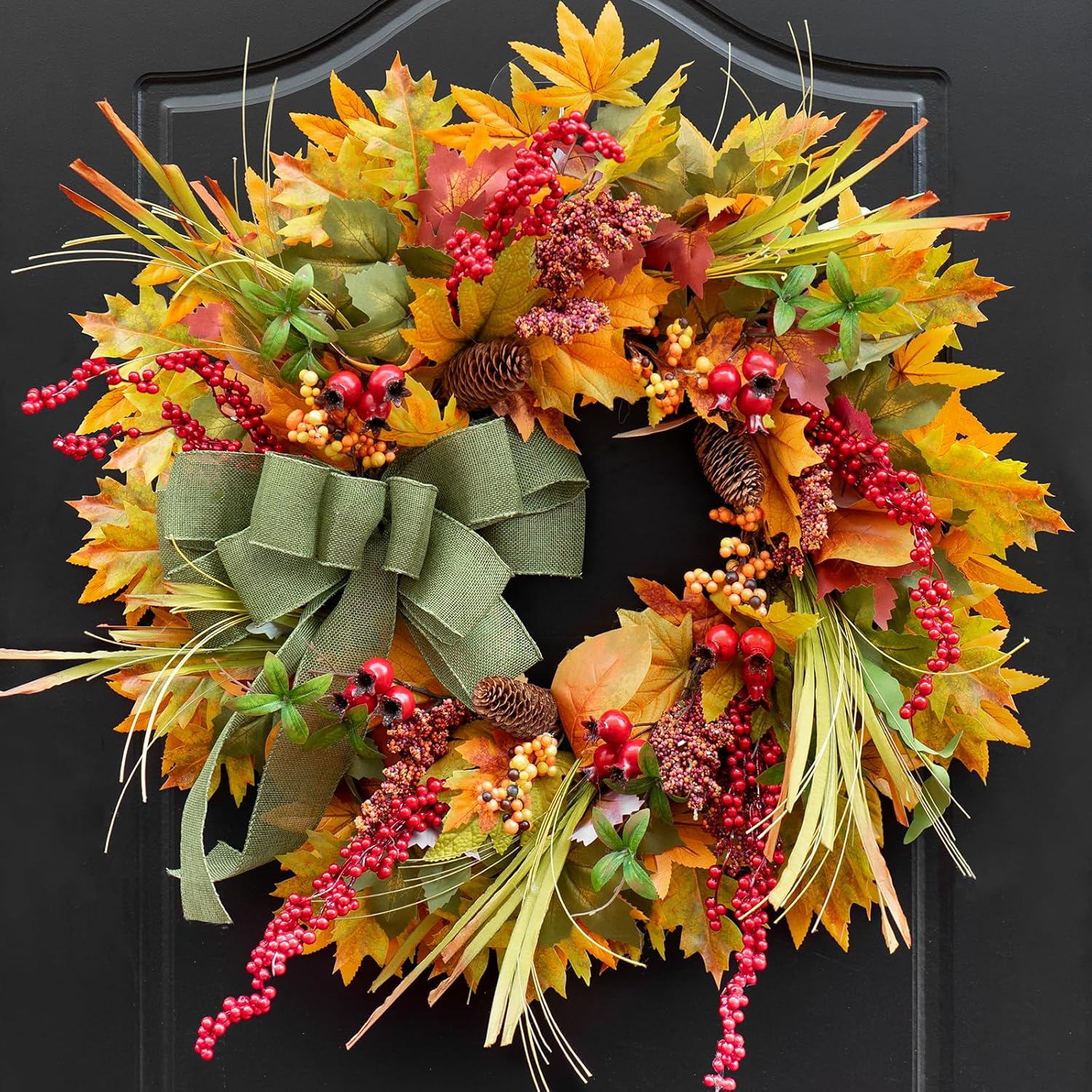 24 Inch Artificial Autumn Door Wreath with Green Bow and Maple Leaves