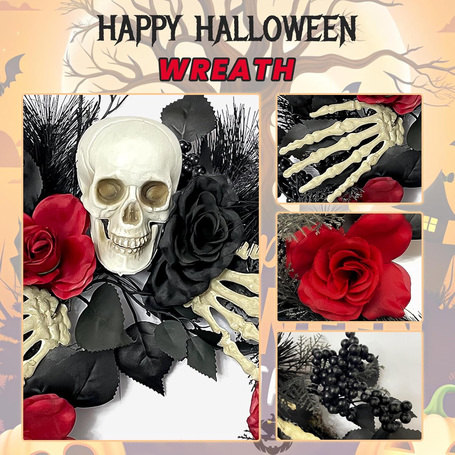 Halloween Skull Wreath with Hands 16 Inch Gothic Garland Decor