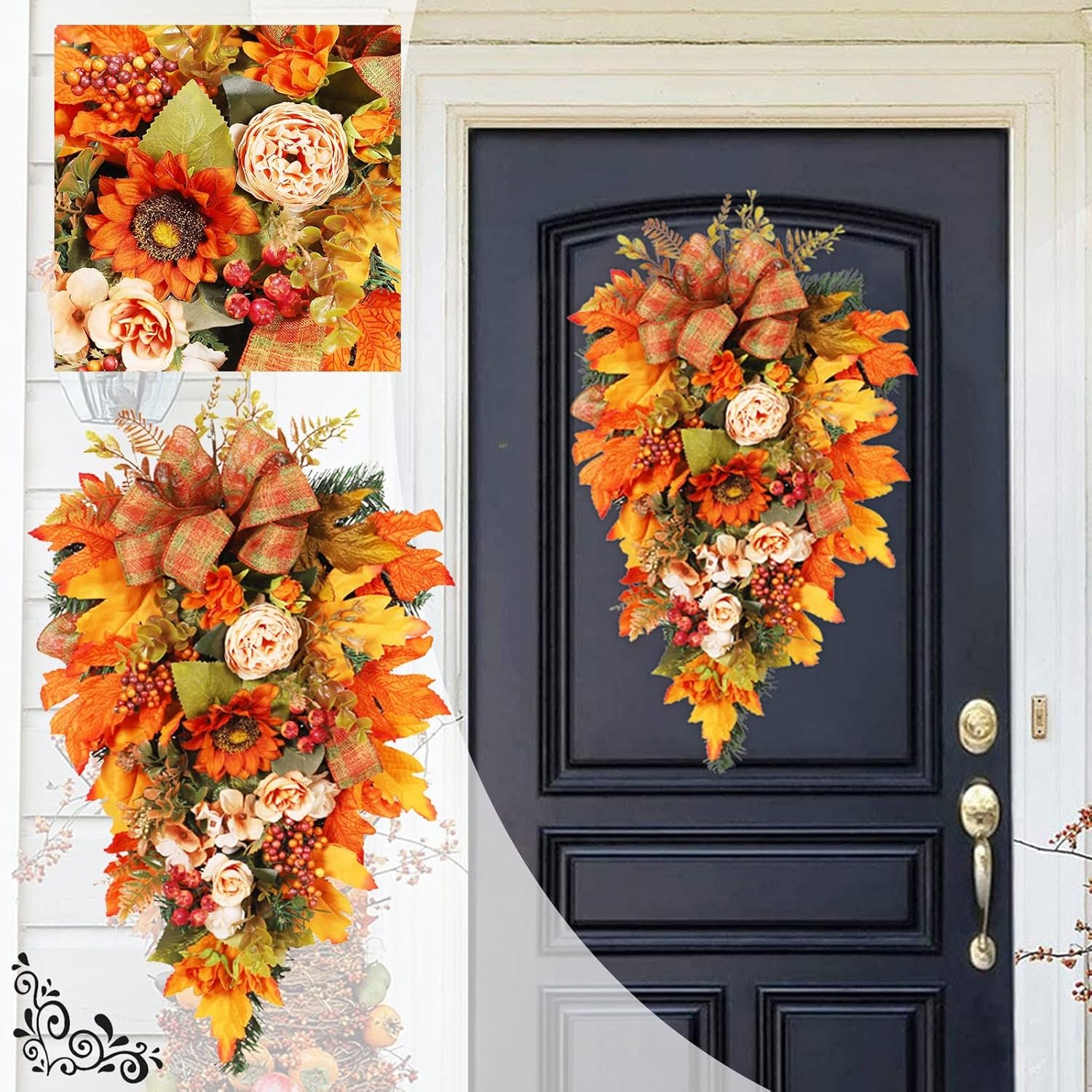 Fall Teardrop Wreath for Front Door 216 Thanksgiving Decor with Pumpkins and Maple Leaves
