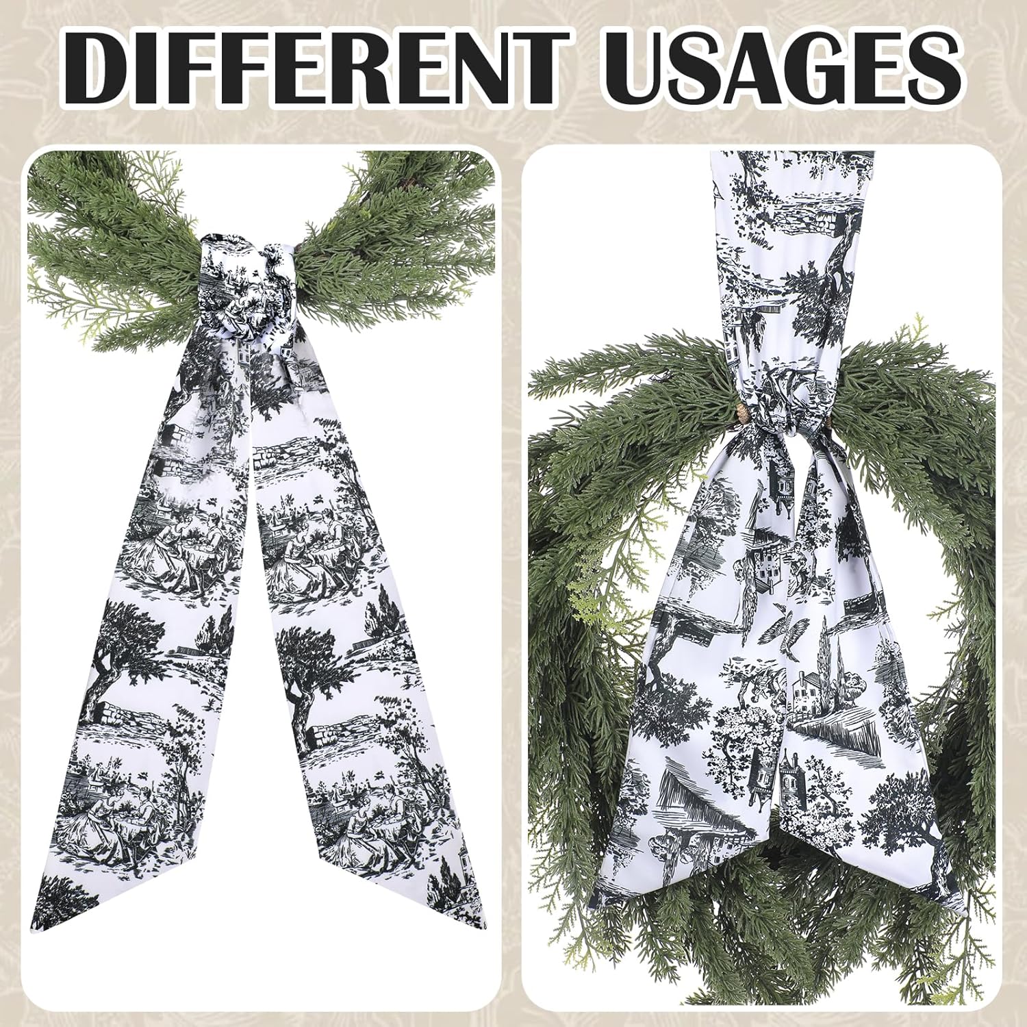 Black Wreath Sash for Front Door - 2 Pcs French Toile Accents for Home Decor
