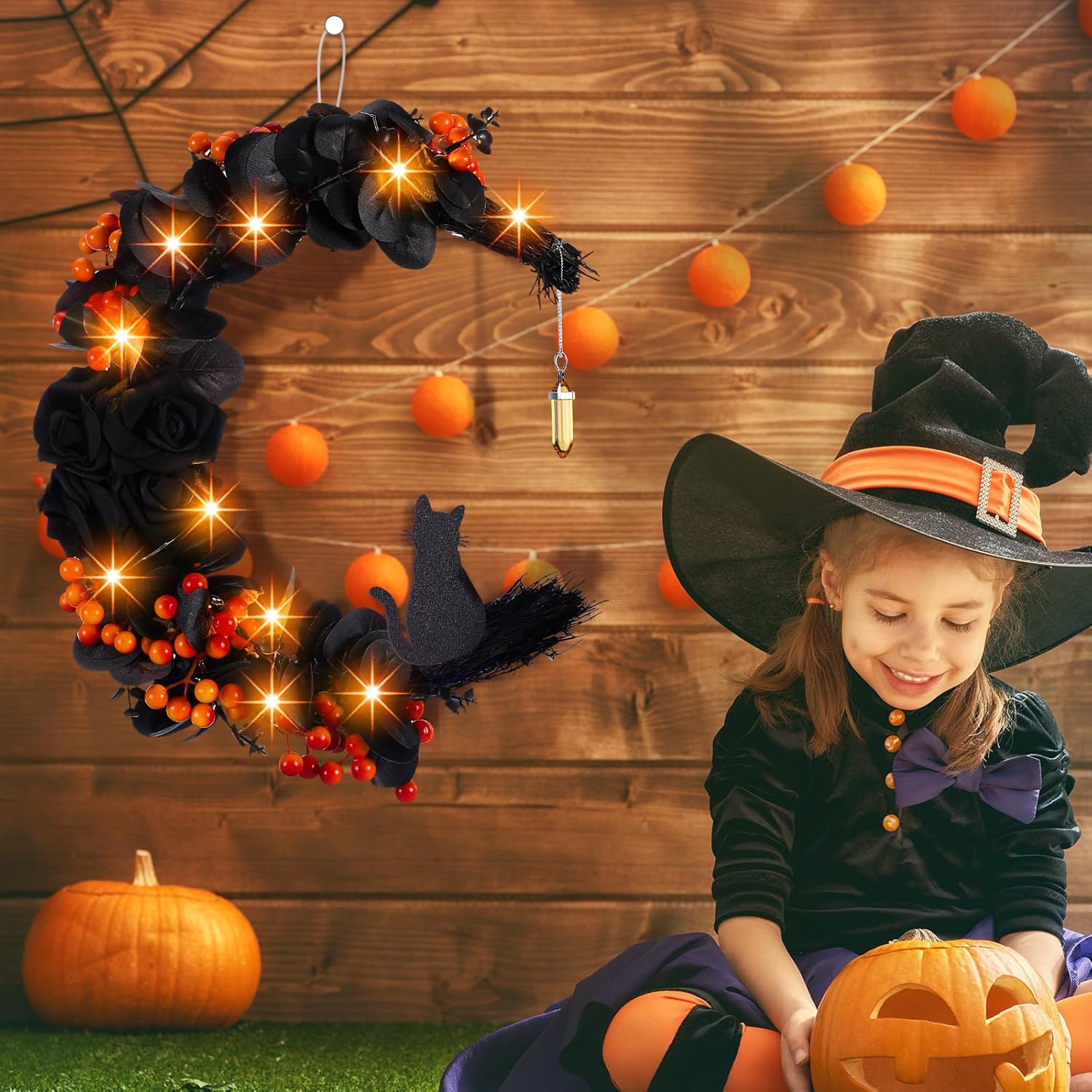 Ceenna Halloween Moon Cat Wreath with Black Roses