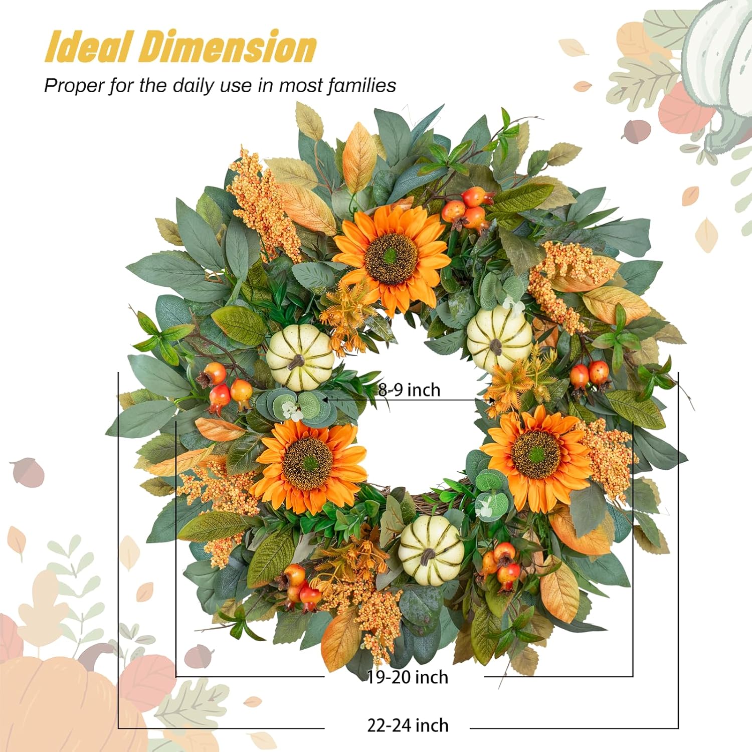 24 Inch Fall Wreath with Sunflowers and Pumpkins