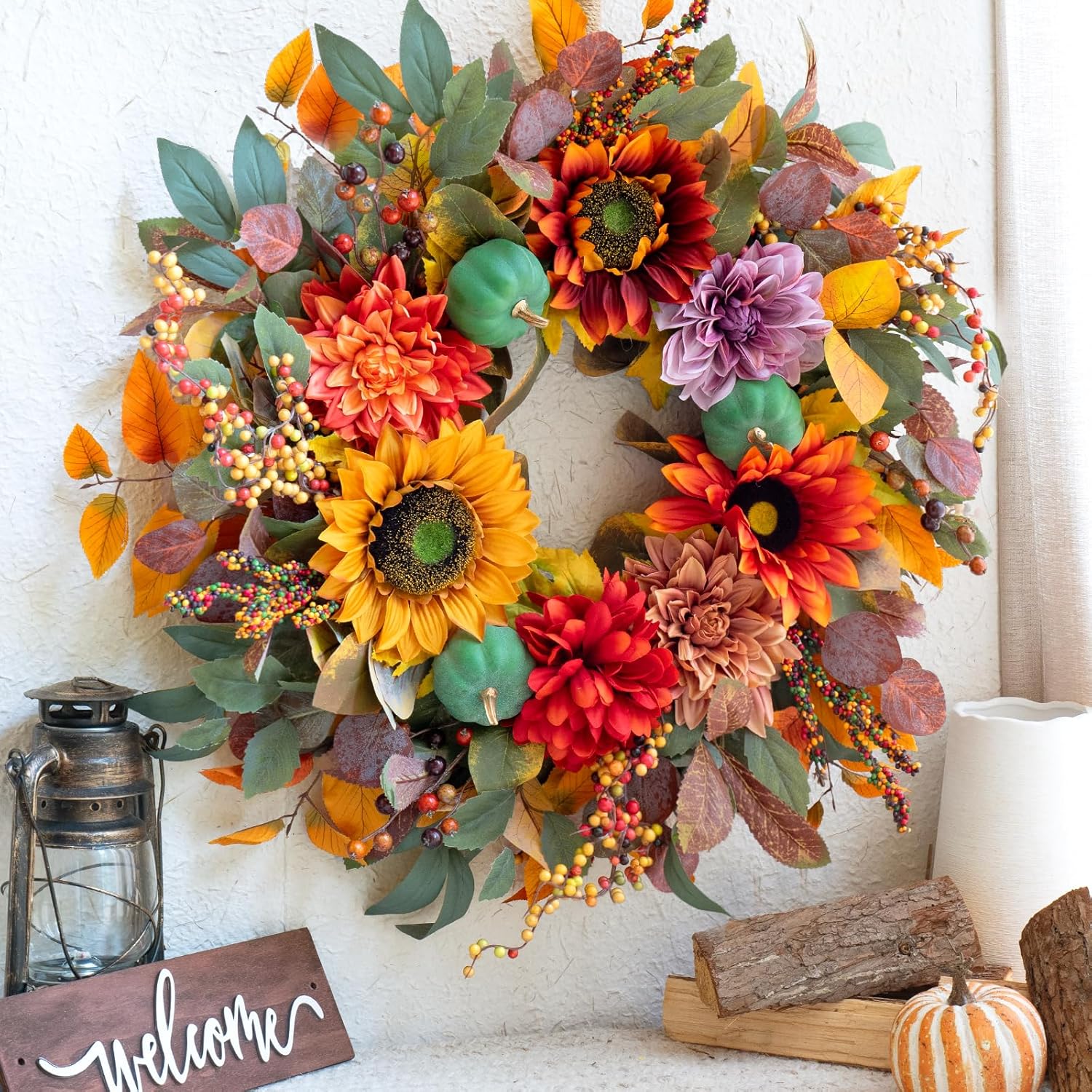 24 Inch Fall Door Wreath with Pumpkins and Berries