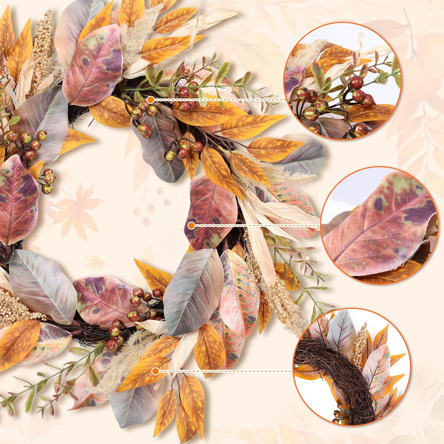 22 Inch Artificial Fall Wreath with Berries and Maple Leaves