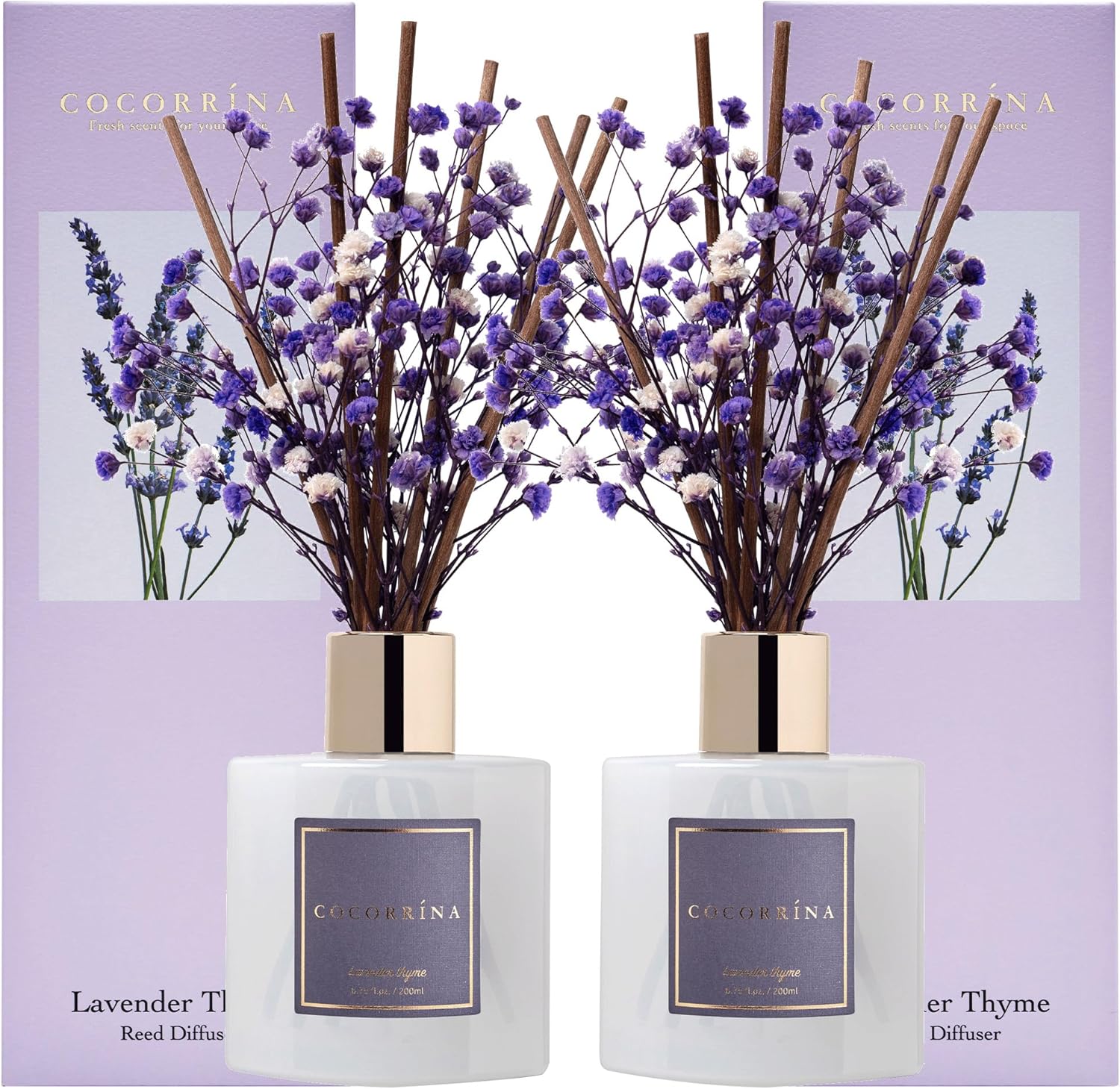 Cocorrina Premium Reed Diffuser Set with Preserved Babys Breath and Cotton Stick Lavender Thyme 2 Packs